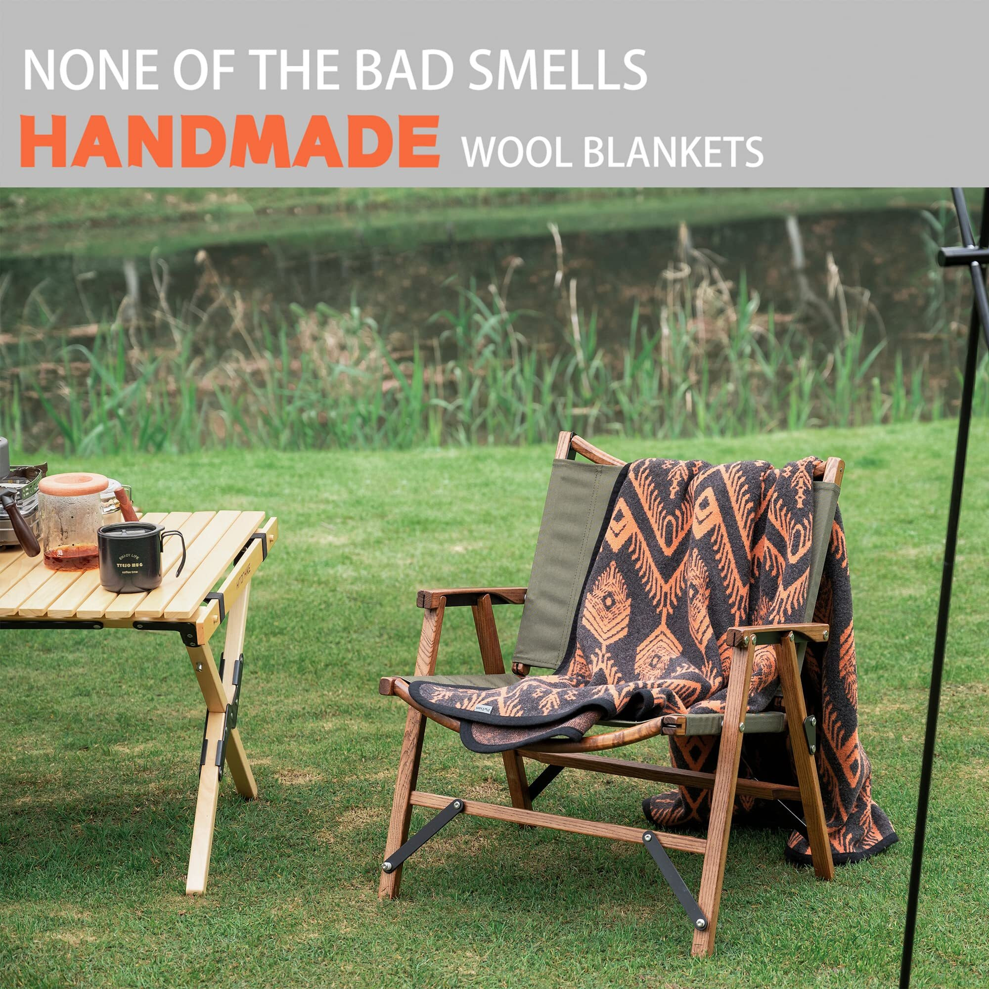 Putian Merino Wool Blanket Camping Outdoor Blanket - 63" X 51" Bohemia Orange Great For Camping, Outdoors, Sporting Events, Survival & Emergency Kits -Super Soft Wool Blanket