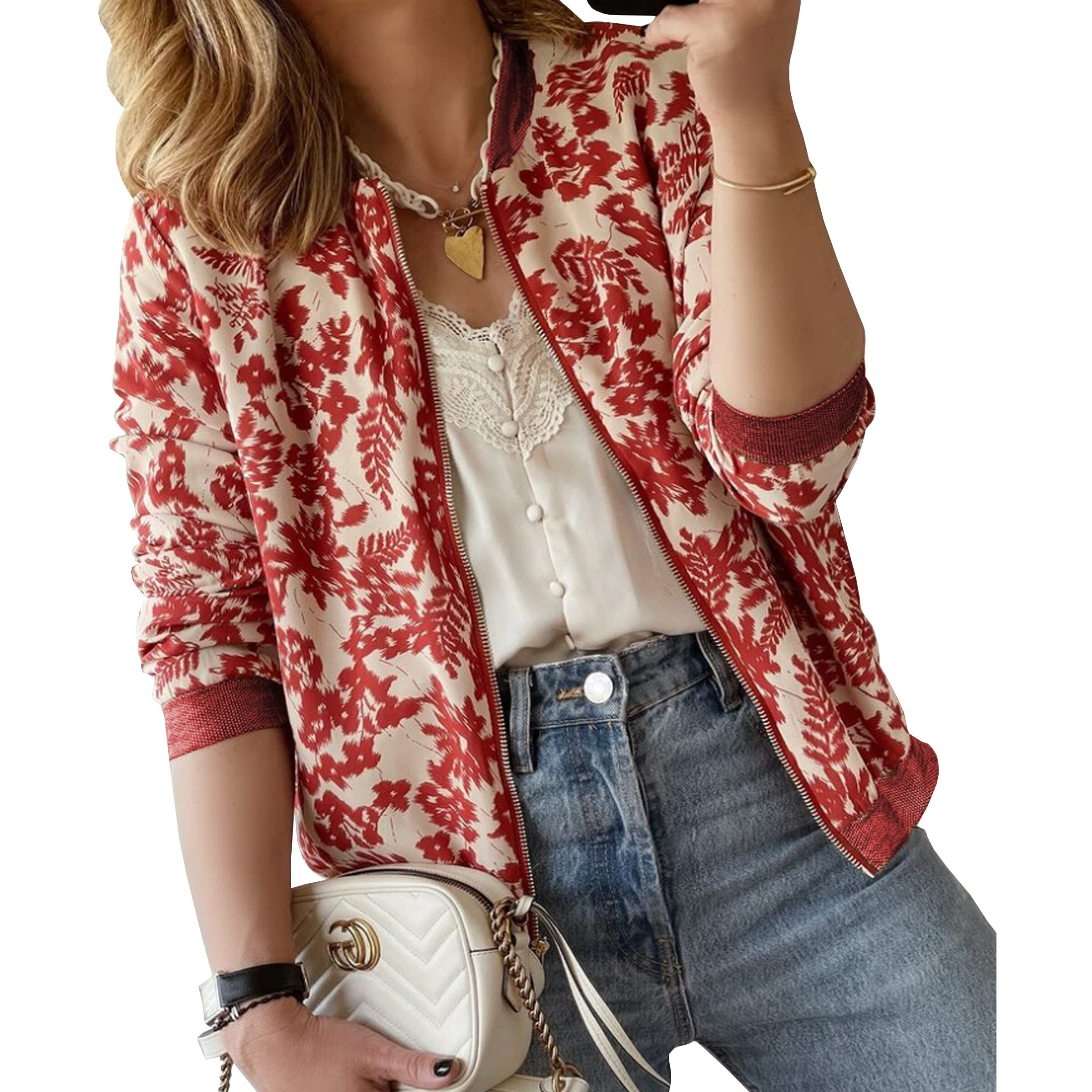 Ecowish Women's Casual Floral Zip Up Bomber Jacket Coat Stand Collar Lightweight Short Outwear Tops Windbreaker With Pockets 3303 Red X-Large