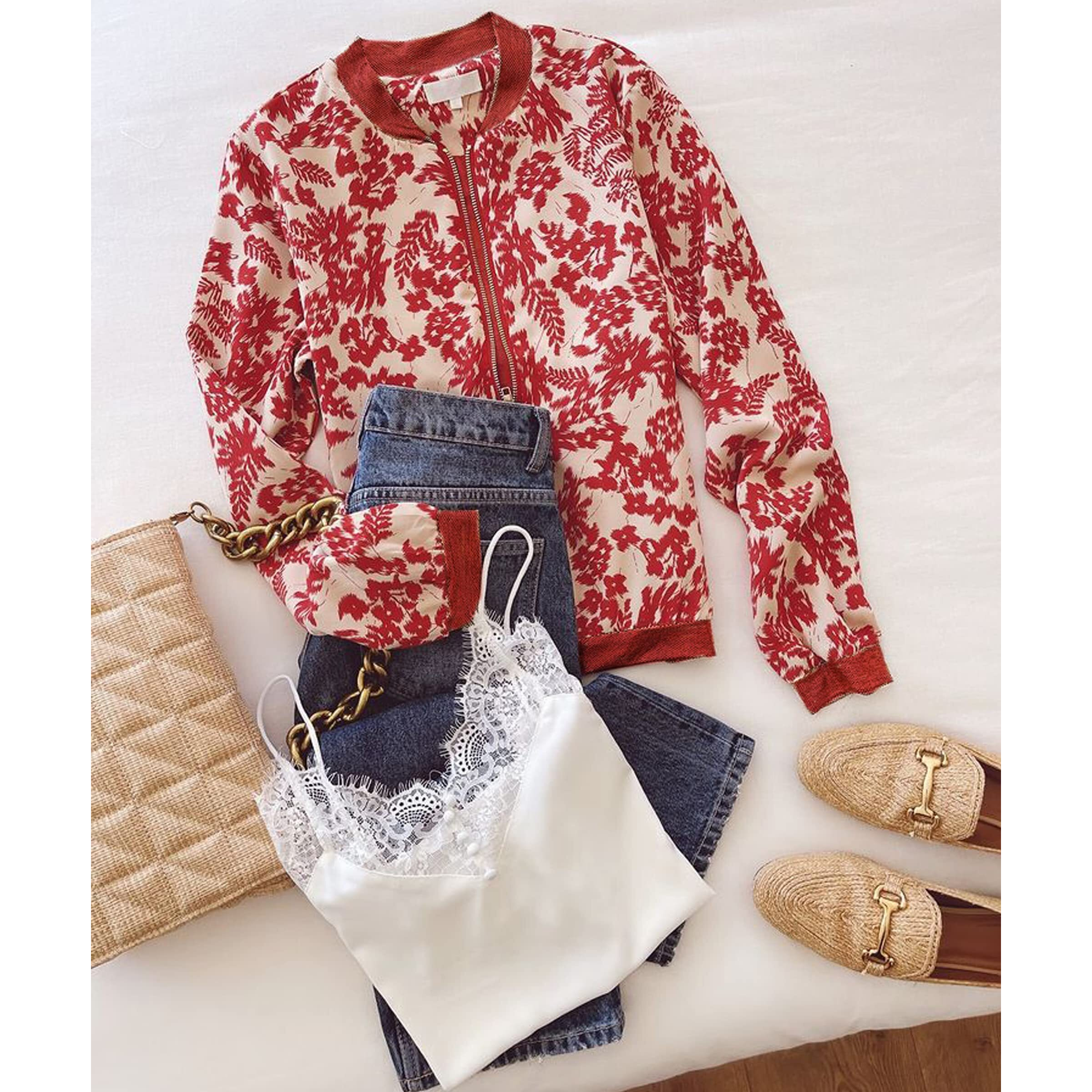 Ecowish Women's Casual Floral Zip Up Bomber Jacket Coat Stand Collar Lightweight Short Outwear Tops Windbreaker With Pockets 3303 Red X-Large