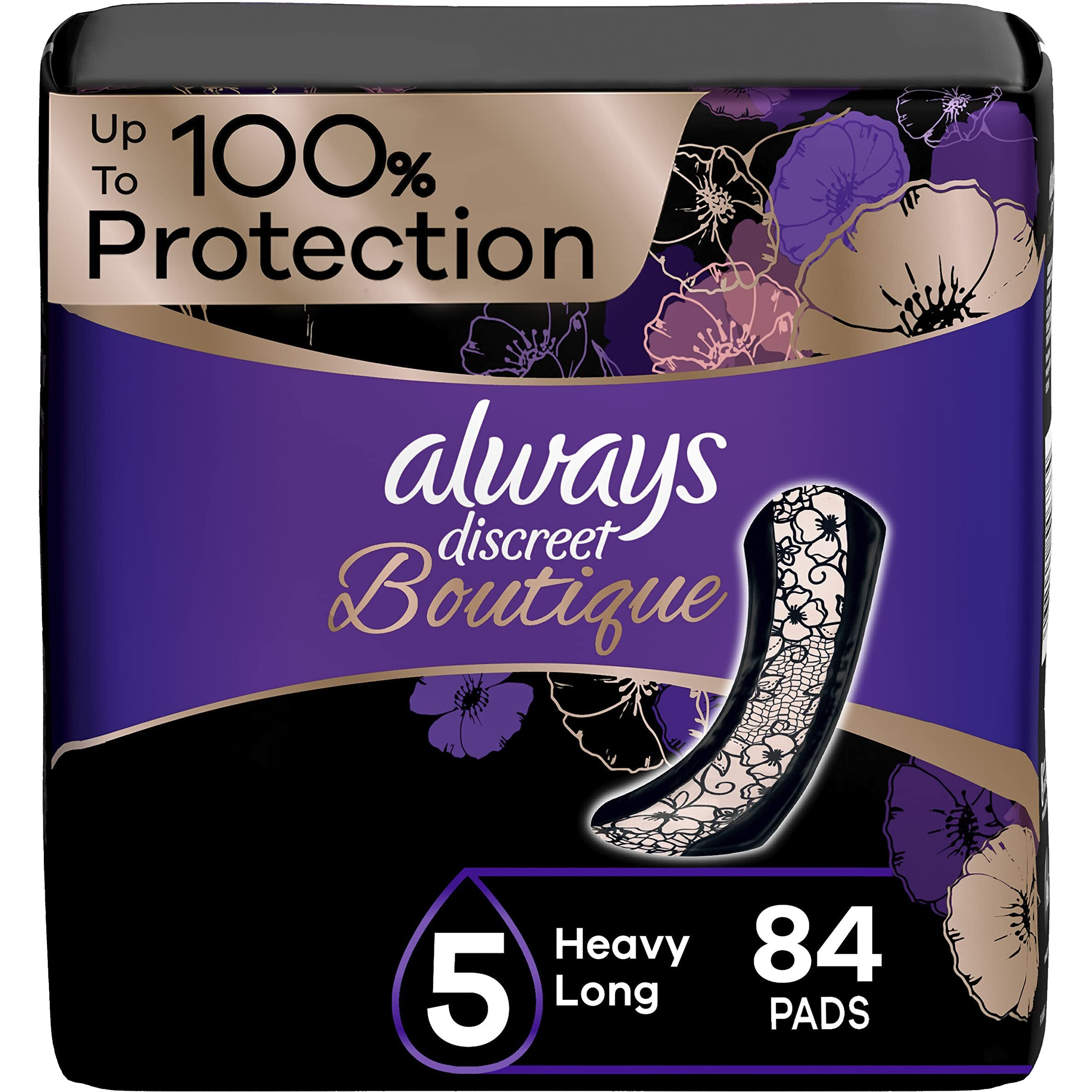 Always Discreet Boutique Adult Incontinence & Postpartum Pads For Women, Size 5, Heavy Absorbency, Regular Length, 28 Count X 3 Packs (84 Count Total) (Packaging May Vary)
