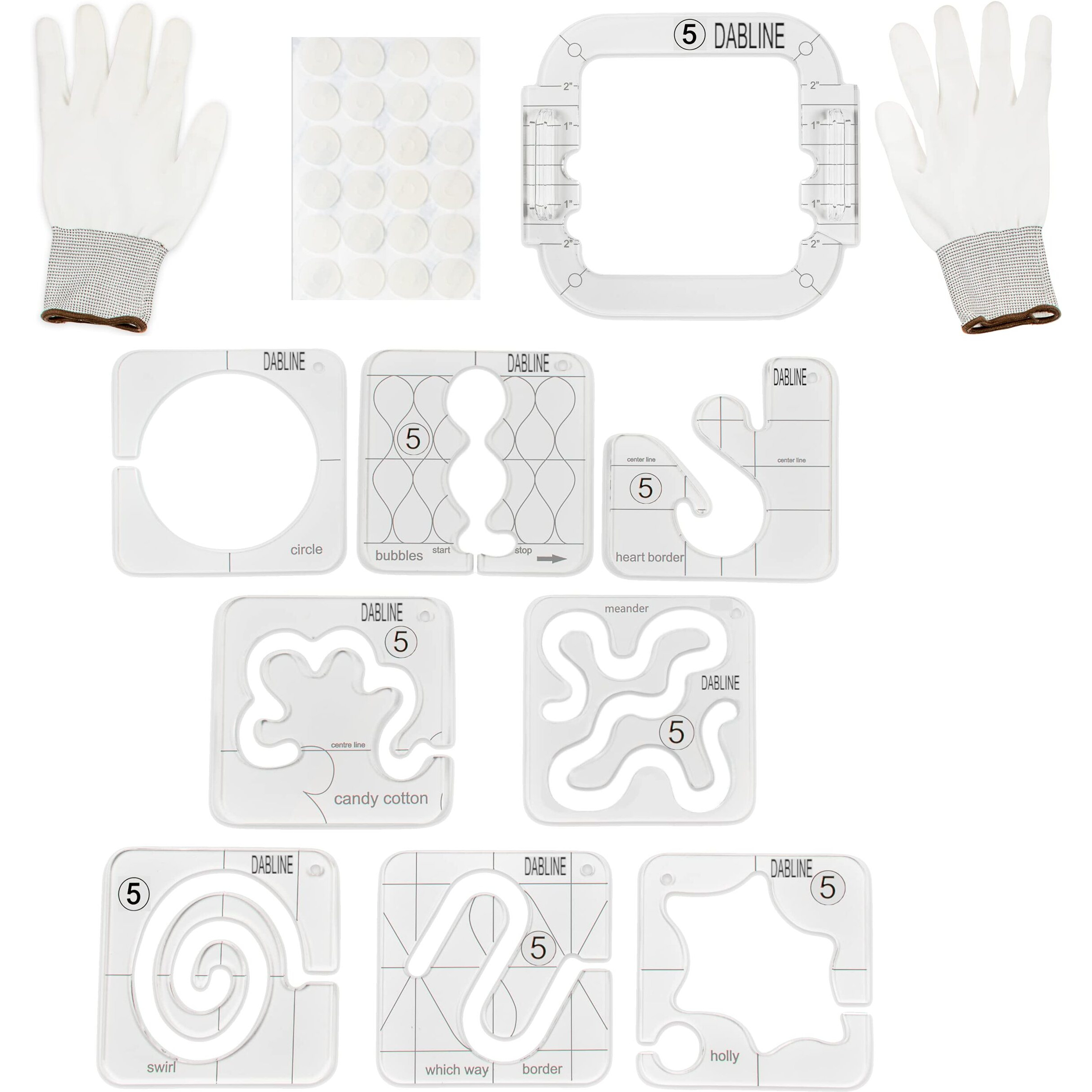 Dabline 13 Pcs Quilting Template Set Includes 8 Quilting Templates, Quilting Frame, Quilting Gloves, Quilting Stickers, And Quilting Guide Free Motion Quilting Rulers And Templates