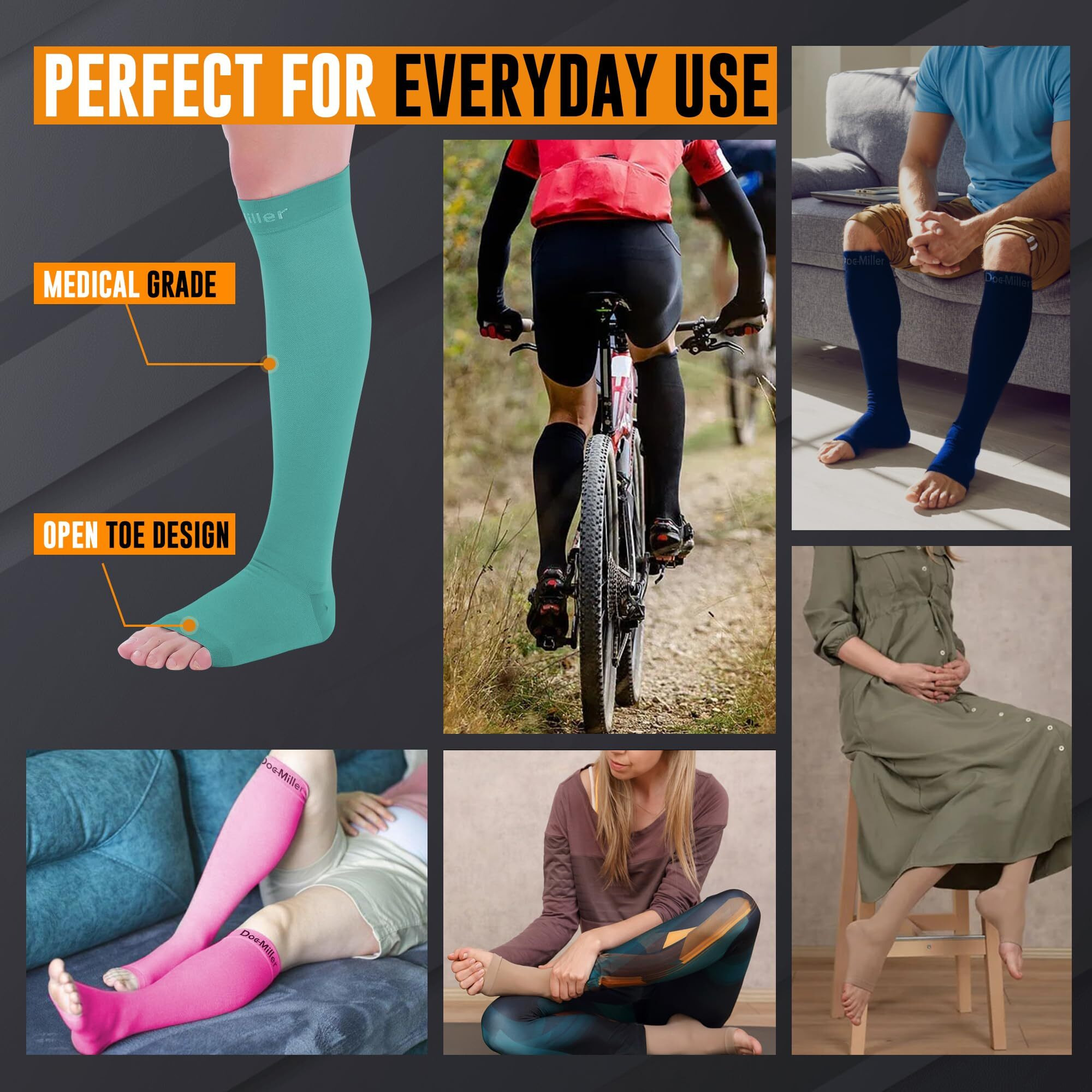 Doc Miller Open Toe Compression Socks, 20-30 Mmhg, Toeless, Support Circulation, Shin Splints, Calf Recovery, Post Op, Knee High, Medical Grade, Teal Socks, Large Size For Men & Women, Pair