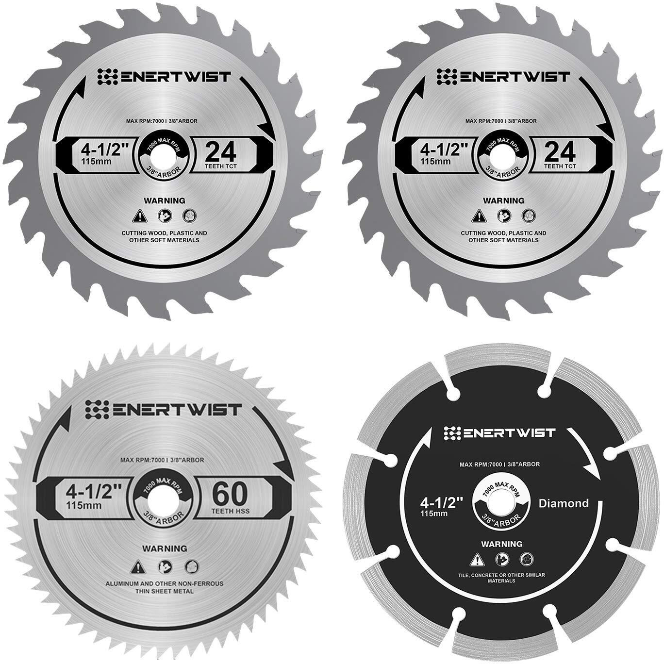 Enertwist 4-12 Inch Compact Circular Saw Blade Set, Pack Of 4-Pieces Tcthssdiamond Saw Blades Assorted For Woodplasticmetaltile Cutting, 38In Arbor, Et-Csa-4