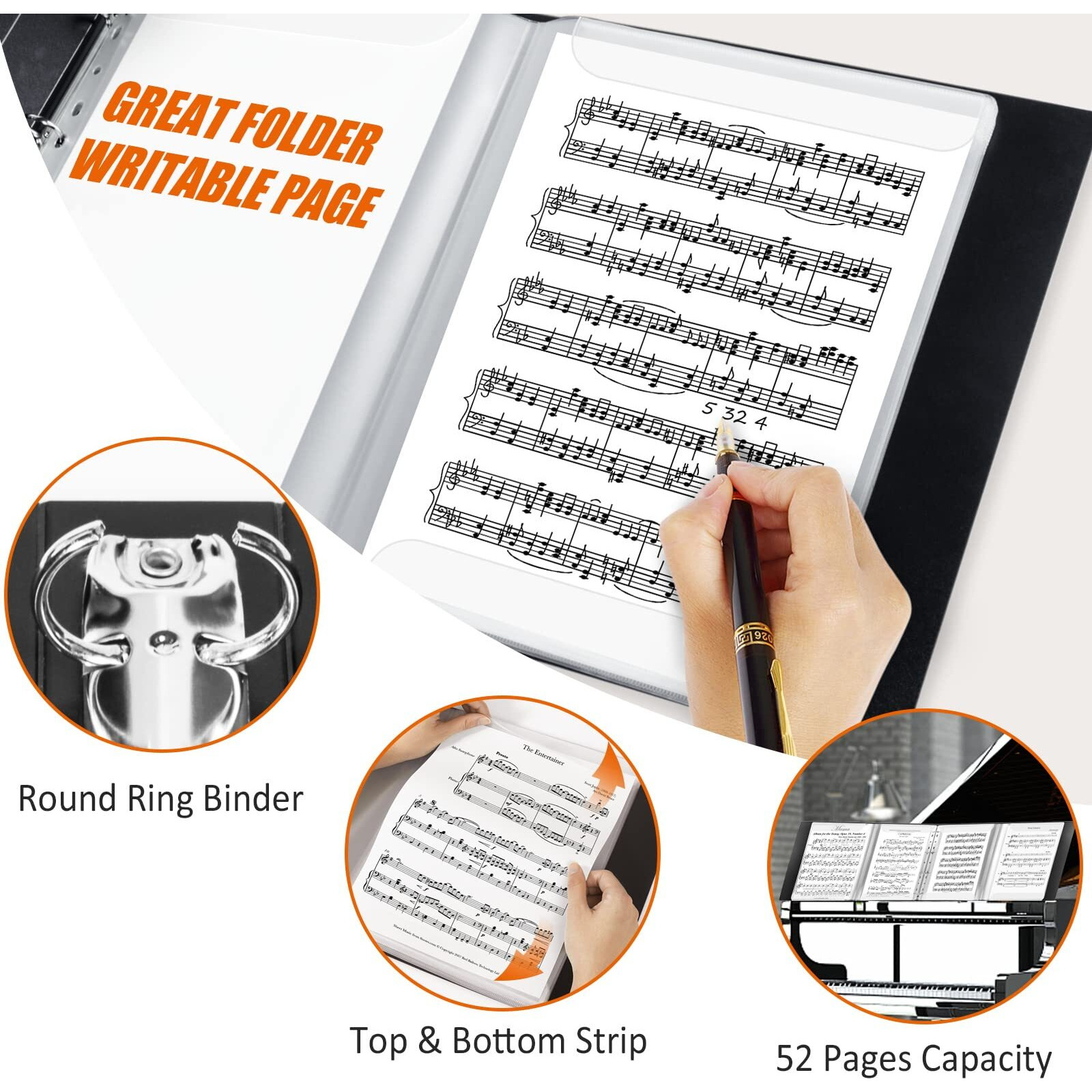 Sheet Music Folder, 8.5  11 Music Binder, 4 Page Expand, 52 Pages Capacity, Writable Choir Folder, Black