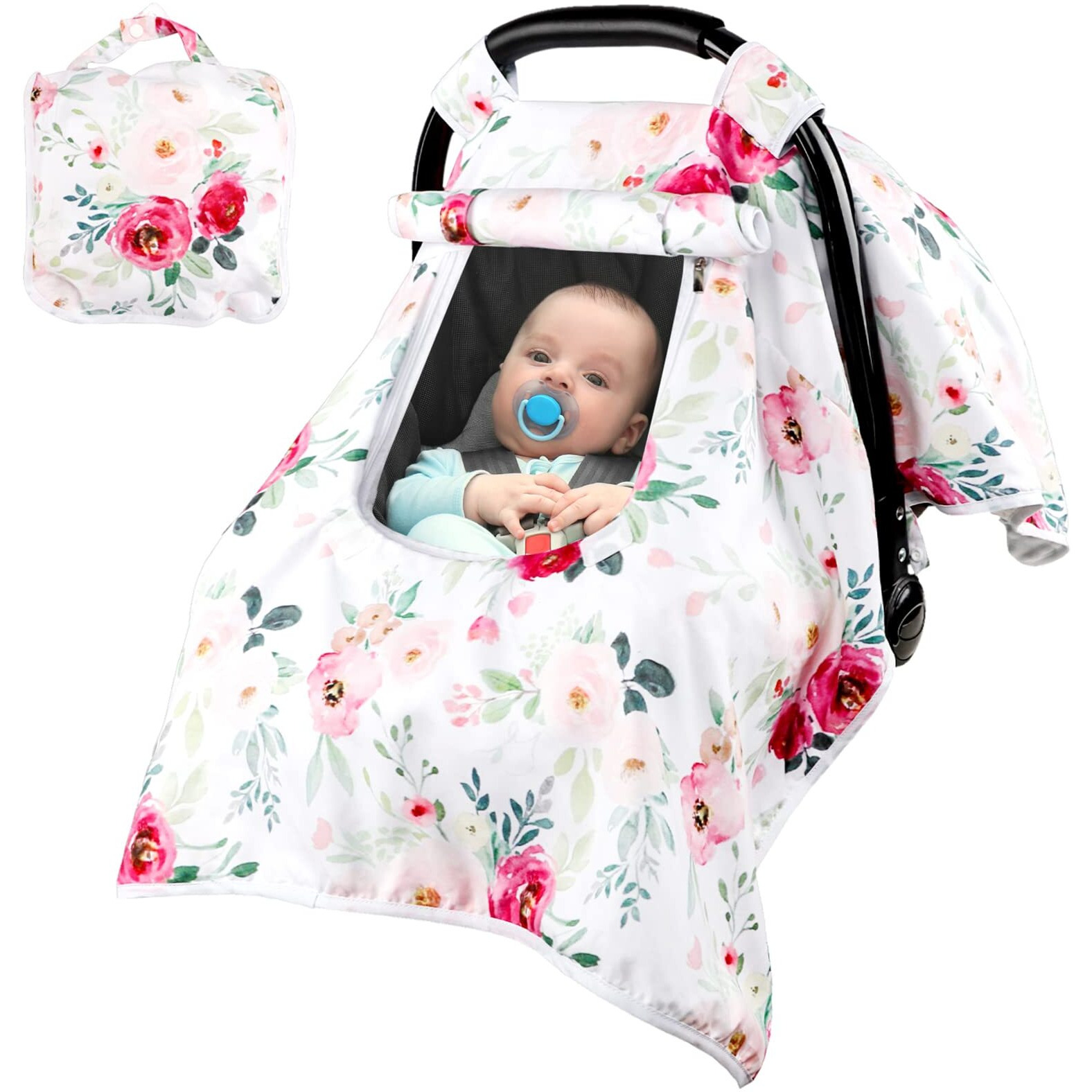 Car Seat Covers For Babies Girl, Winter Carseat Seat Cover For Newborns, Carseat Canopy Cozy & Warm Cover, Carrier Cover With Peep Windows, Pink Flower Rose