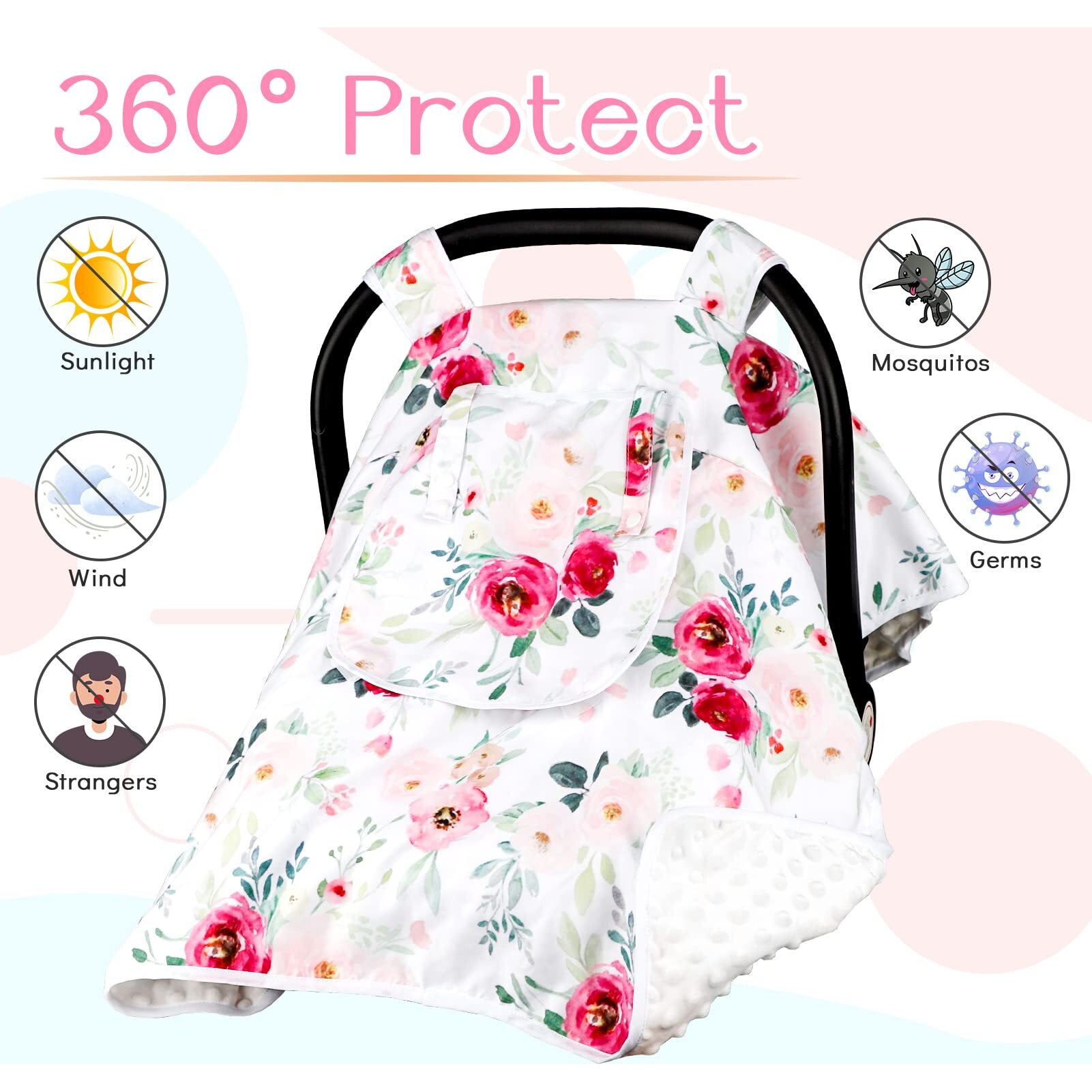 Car Seat Covers For Babies Girl, Winter Carseat Seat Cover For Newborns, Carseat Canopy Cozy & Warm Cover, Carrier Cover With Peep Windows, Pink Flower Rose