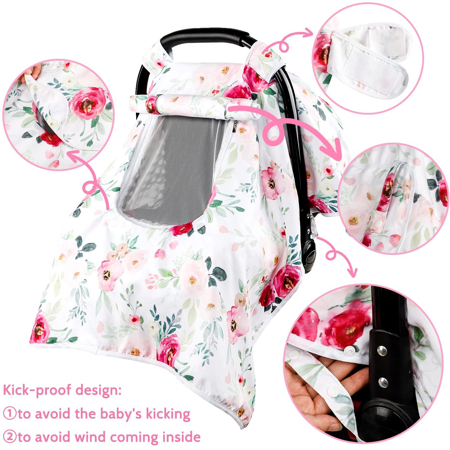 Car Seat Covers For Babies Girl, Winter Carseat Seat Cover For Newborns, Carseat Canopy Cozy & Warm Cover, Carrier Cover With Peep Windows, Pink Flower Rose