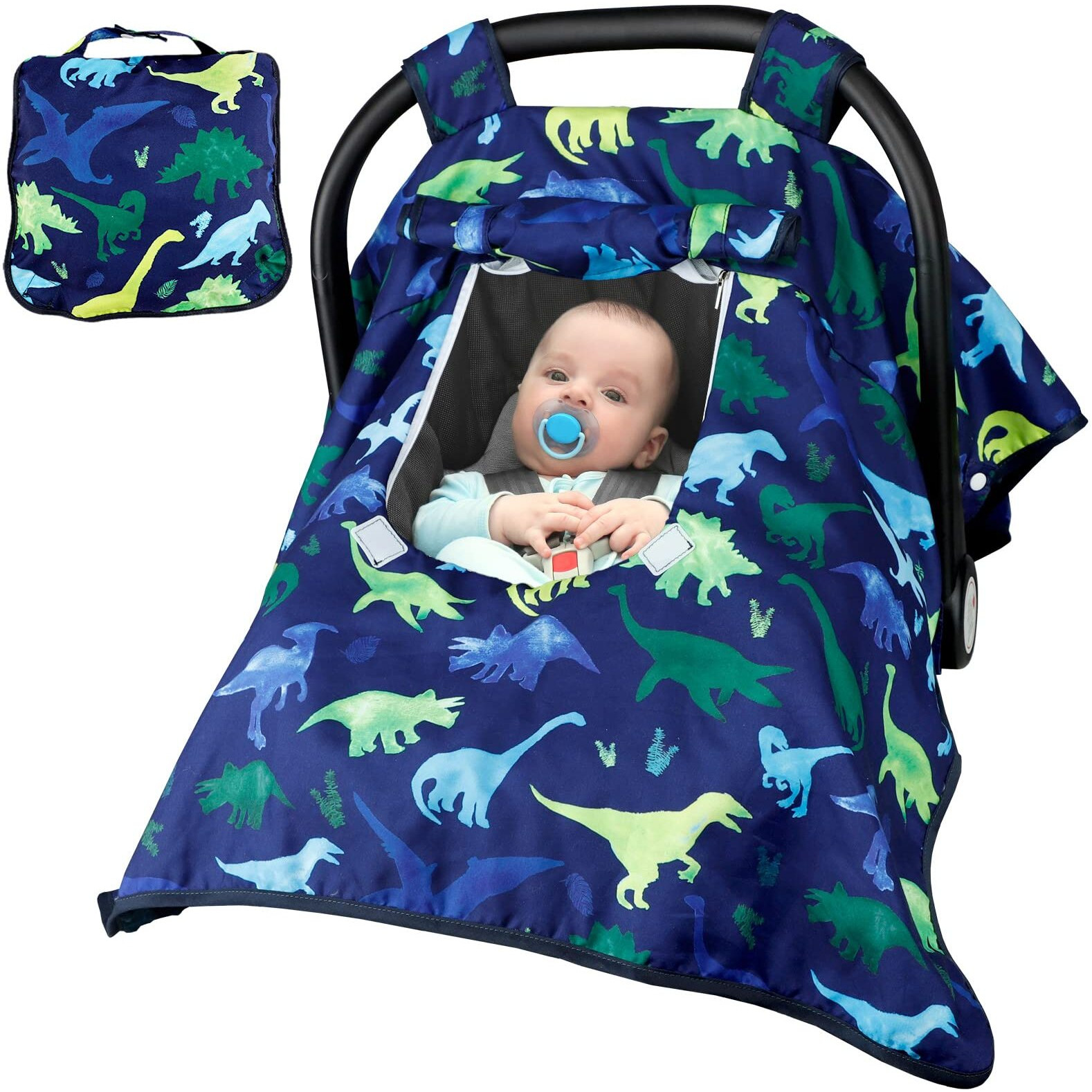 Carseat Cover Boy, Winter Baby Carseat Seat Cover, Carseat Canopy Cozy & Warm Cover With Peep Windows, Blue Dinosaur Stuff