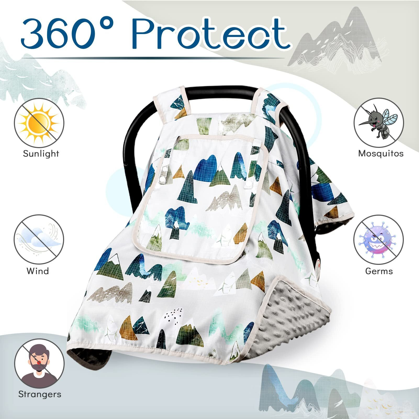 Baby Car Seat Cover, Car Carseat Canopy Boys, Minky Cozy & Warm Cover, Infant Carrier Cover With Peep Windows, Soft & Breathable, Adventure Mountain Nursery Theme