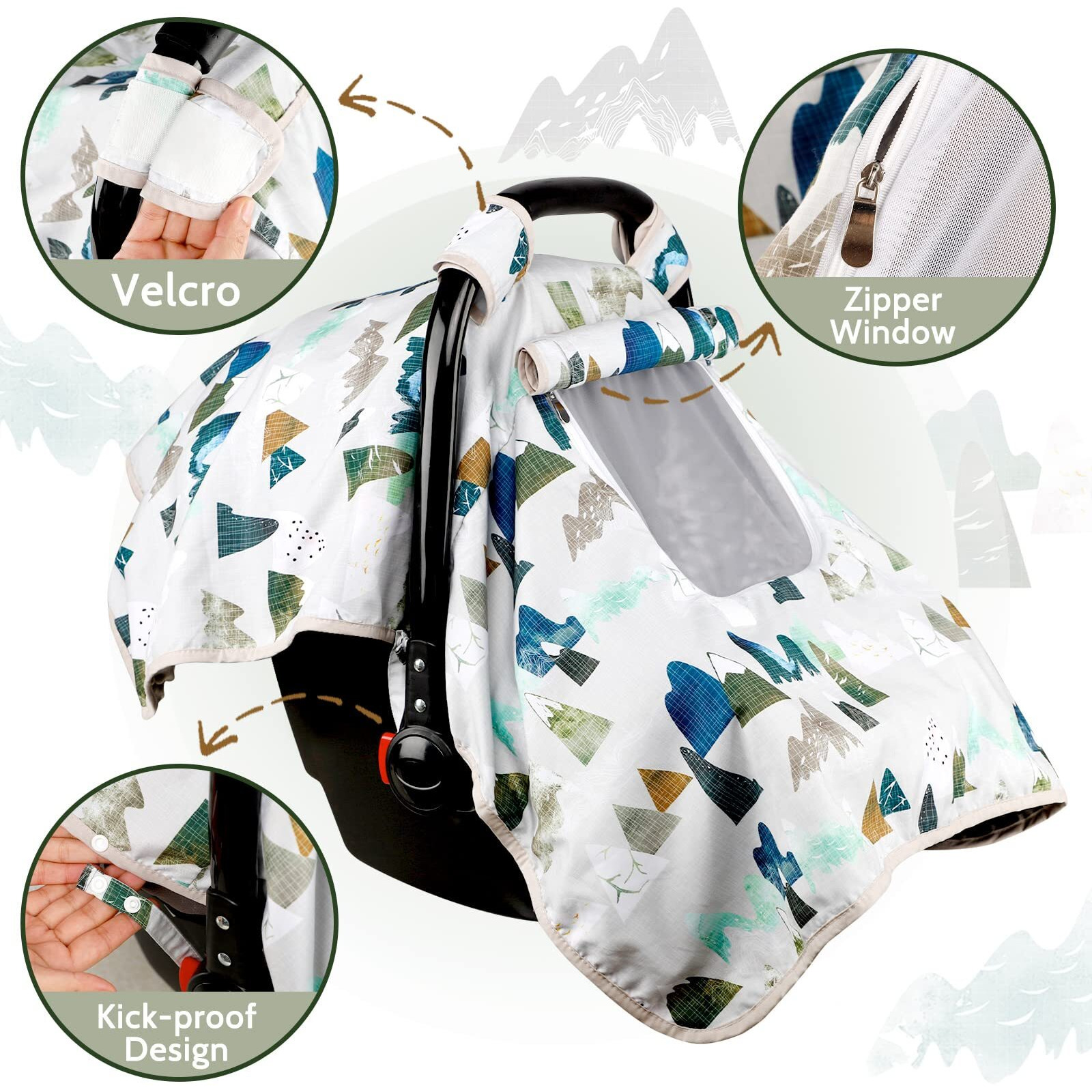 Baby Car Seat Cover, Car Carseat Canopy Boys, Minky Cozy & Warm Cover, Infant Carrier Cover With Peep Windows, Soft & Breathable, Adventure Mountain Nursery Theme