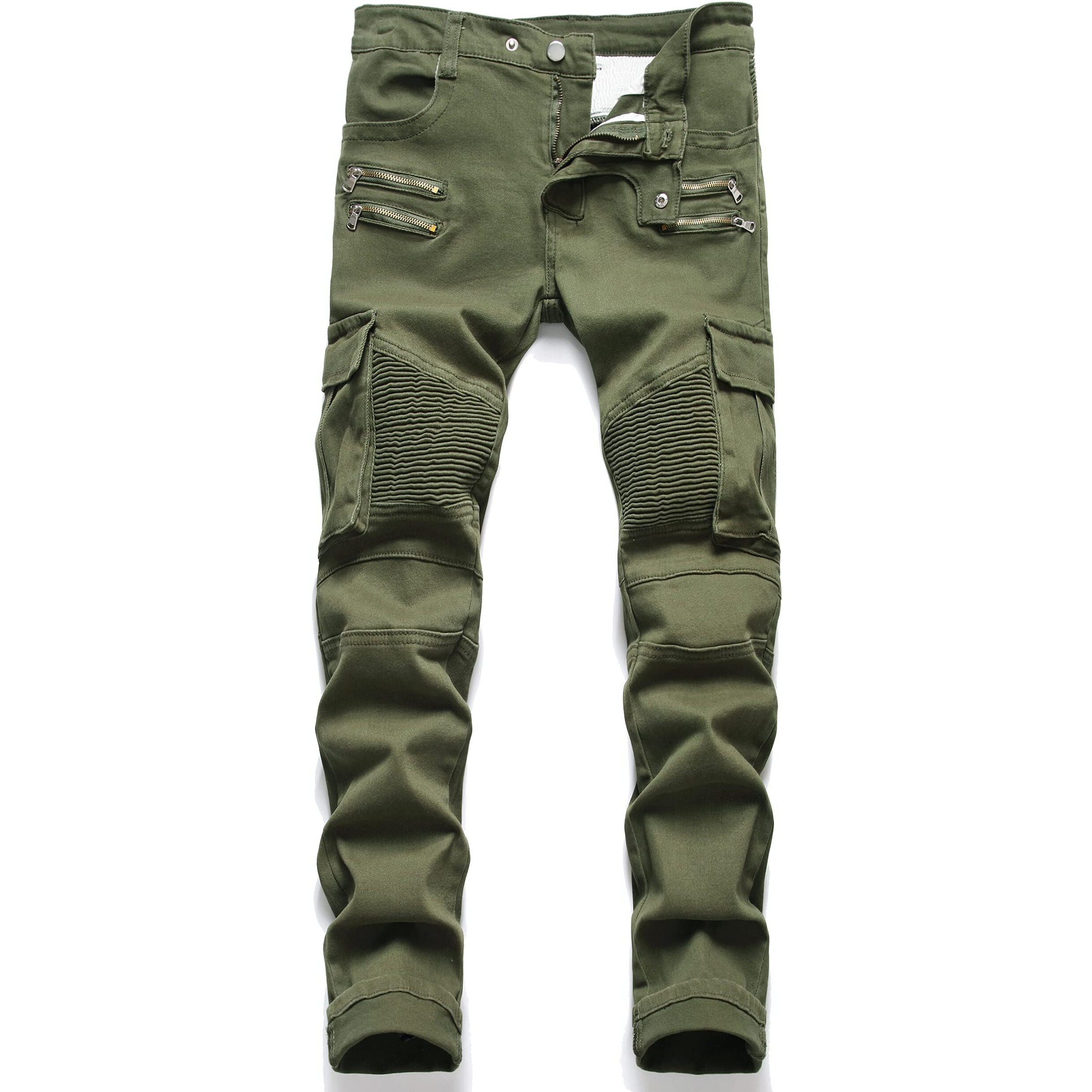 Aititia Mens Biker Zipper Deco Washed Straight Fit Jeans (30, 007 Green)