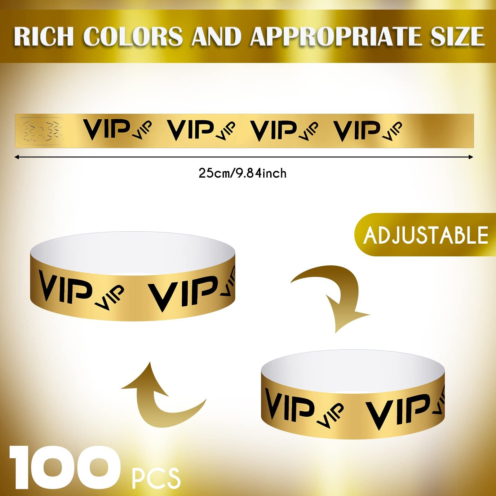 Teling 500 Pack Vip Plastic Wristbands Bracelets Party For Events Vip Custom Wristbands Plastic Bracelets Tear Proof Waterproof Wrist Bands Arm Bands For Events Concerts(Gold, Black)