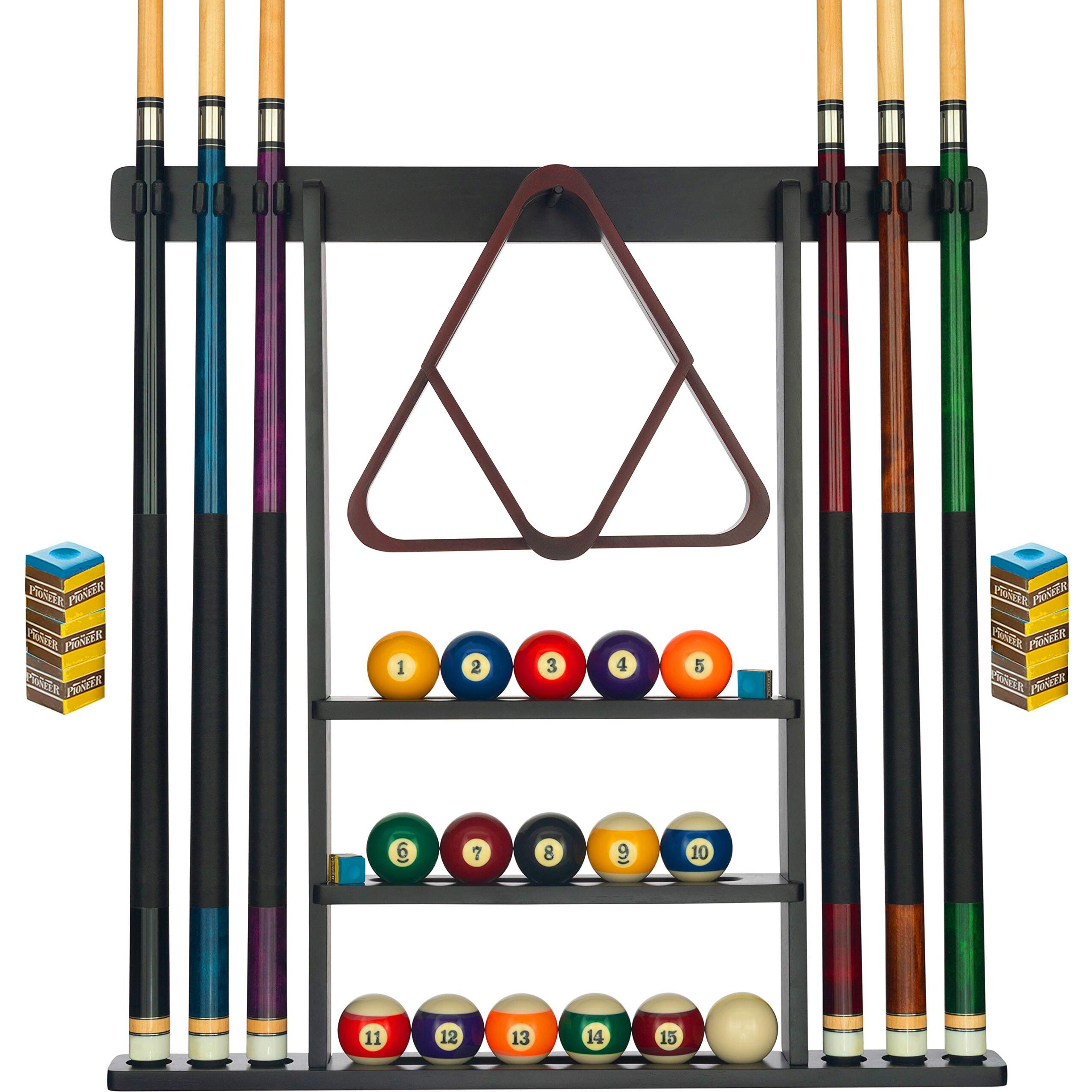 Pool Cue Rack - Pool Stick Holder Wall Mount With 16 Ball Holders & 6 Pack Of Chalk - Rubber Circle Pads & Large Clips Prevent Damage - Compact Billiard Table Accessories For Man Cave (Black)