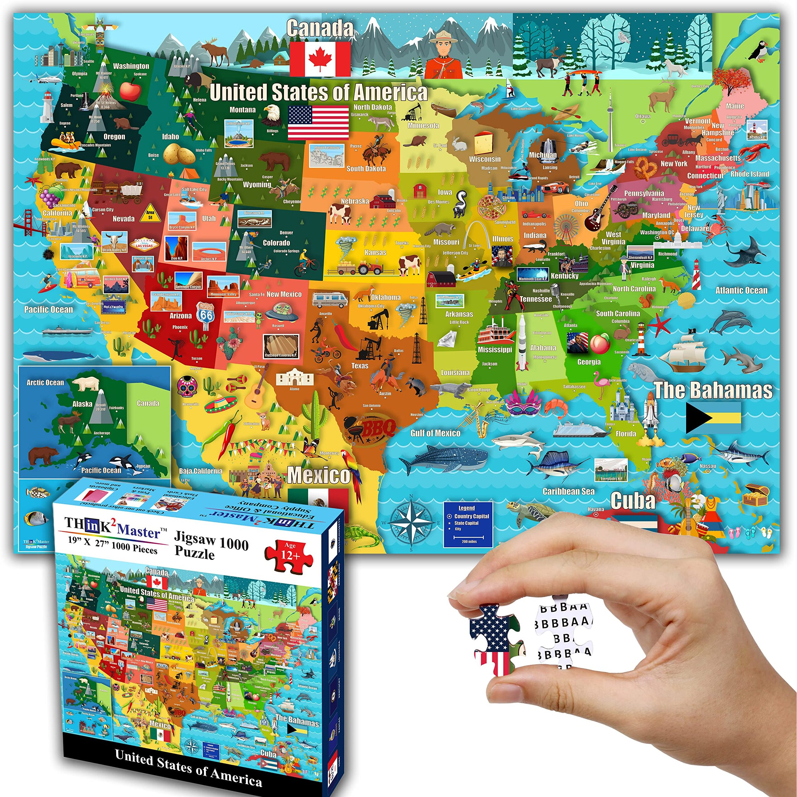 Think2Master Colorful United States Map 1000 Pieces Jigsaw Puzzle For Kids 12+, Teens, Adults & Families. Great Educational Gift For Interest In The Usa Map. Size 26.8 X 18.9