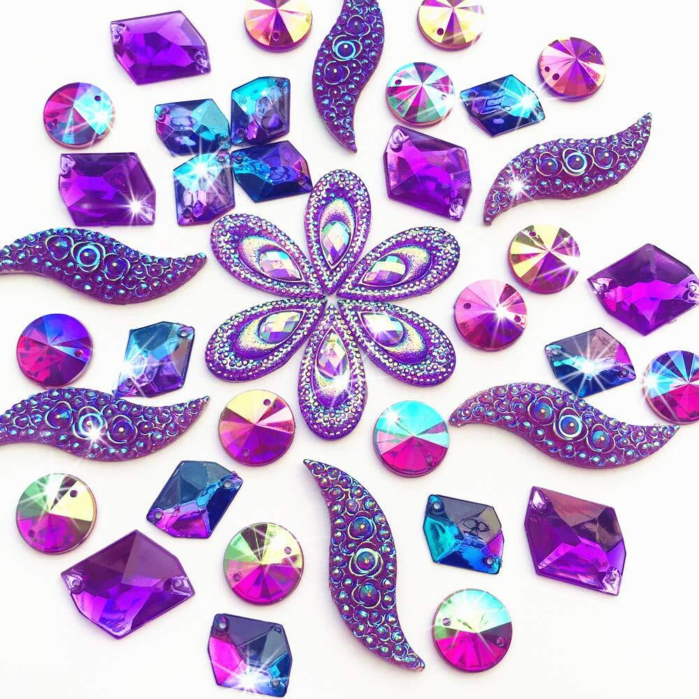50Pcs Special Effect Different Shapes Mirror Ab Gems Sew On Rhinestones Faceted For Handicrafts Clothing Dress Decorations (Purple)