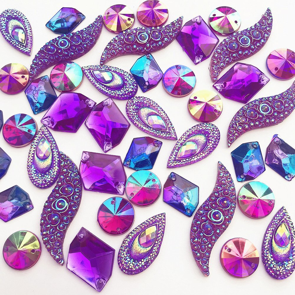 50Pcs Special Effect Different Shapes Mirror Ab Gems Sew On Rhinestones Faceted For Handicrafts Clothing Dress Decorations (Purple)