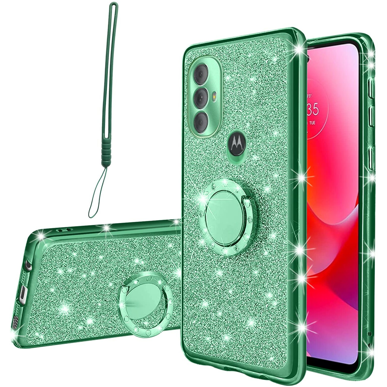Kudini For Moto G Pure Phone Case, Moto G Power 2022 Case Moto G Play 2023 Case For Women Glitter Crystal Clear Tpu Luxury Bling Protective Cover With Kickstand Strap For Moto G Pure (Glitter Green)