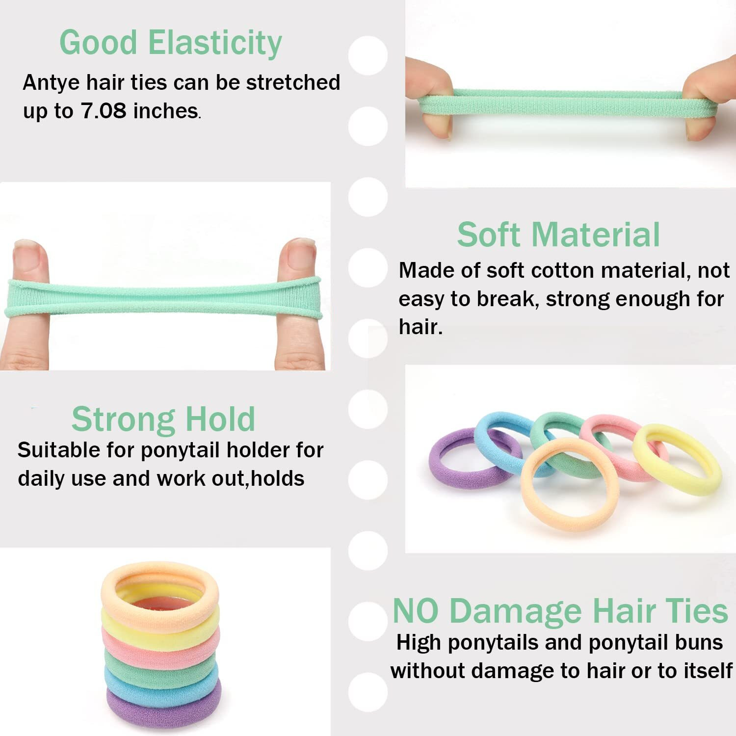Antye Hair Ties, 100Pcs Any Fit No Damage Hair Cutton Seamless Hair Elastic Pony Tail Holders For Thick Or Thin Hair No Snag, Dent, Or Breakage, Mult-Light Color