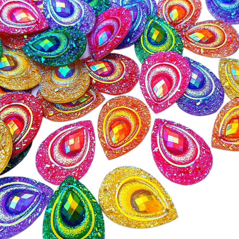 Sparkly Buttons Drop Ab Color Sew On Crafts Rhinestones Flatback Beads Sewing For Costume Wedding Dress Decorations 18X25Mm 50Pcs (Mixed Color)