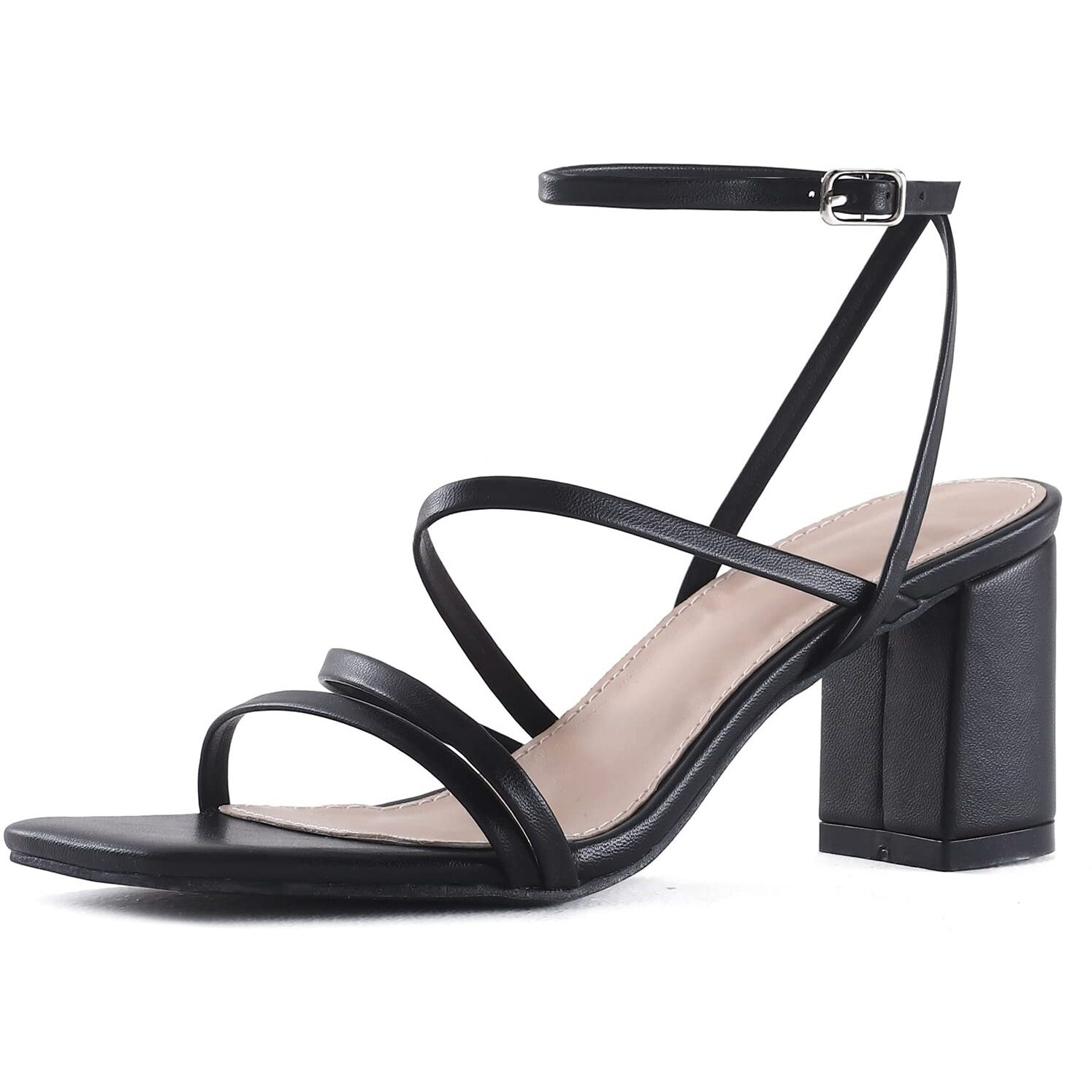 Lacuone Strappy Heels For Women Block Heels Square Toe Chunky Ankle Buckle Pump Heeled Sandals (7.5,Black)