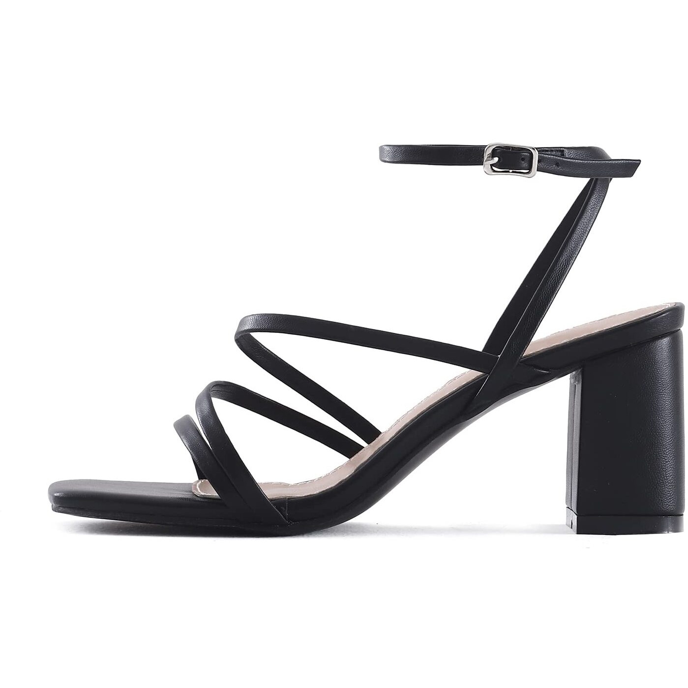 Lacuone Strappy Heels For Women Block Heels Square Toe Chunky Ankle Buckle Pump Heeled Sandals (7.5,Black)