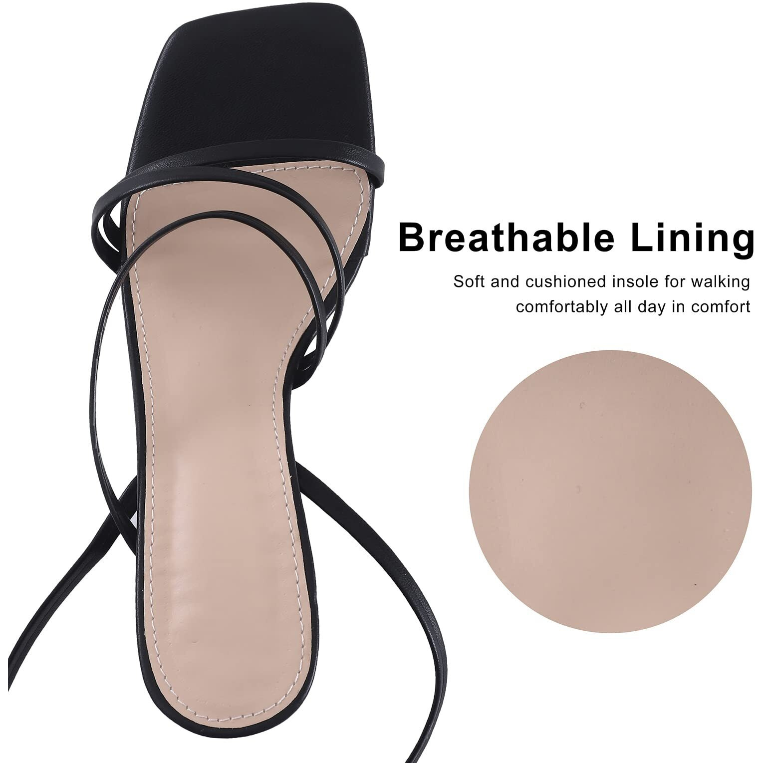 Lacuone Strappy Heels For Women Block Heels Square Toe Chunky Ankle Buckle Pump Heeled Sandals (7.5,Black)