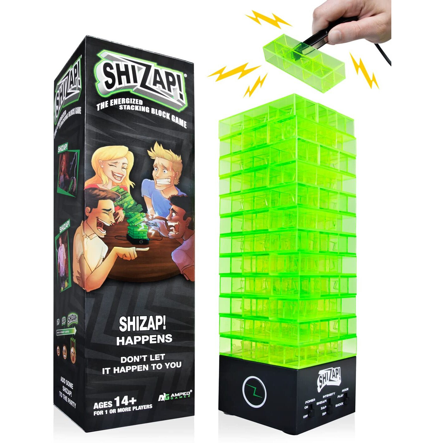 Shizap The Energized Stacking Block Game - Electric Shocking Light Up Tumble Tower - Family-Friendly Party Games For Teens And Adults