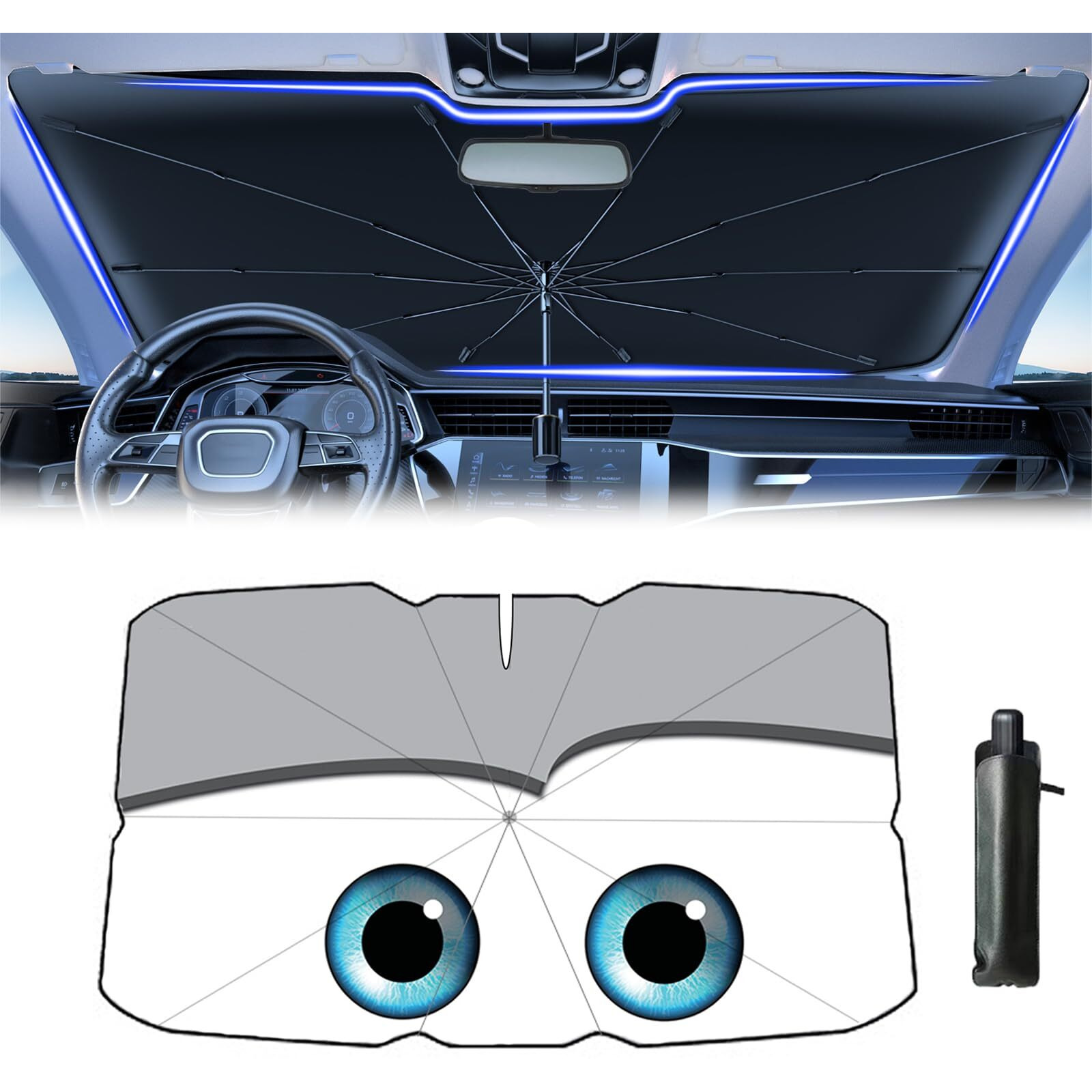 Coricha Windshield Sun Shade 2025 Car Accessories 100% Blackout Car Front Windsow Shades Umbrella Automotive Sun Visor Block Heat Insulation Protection (Gry Eyes)