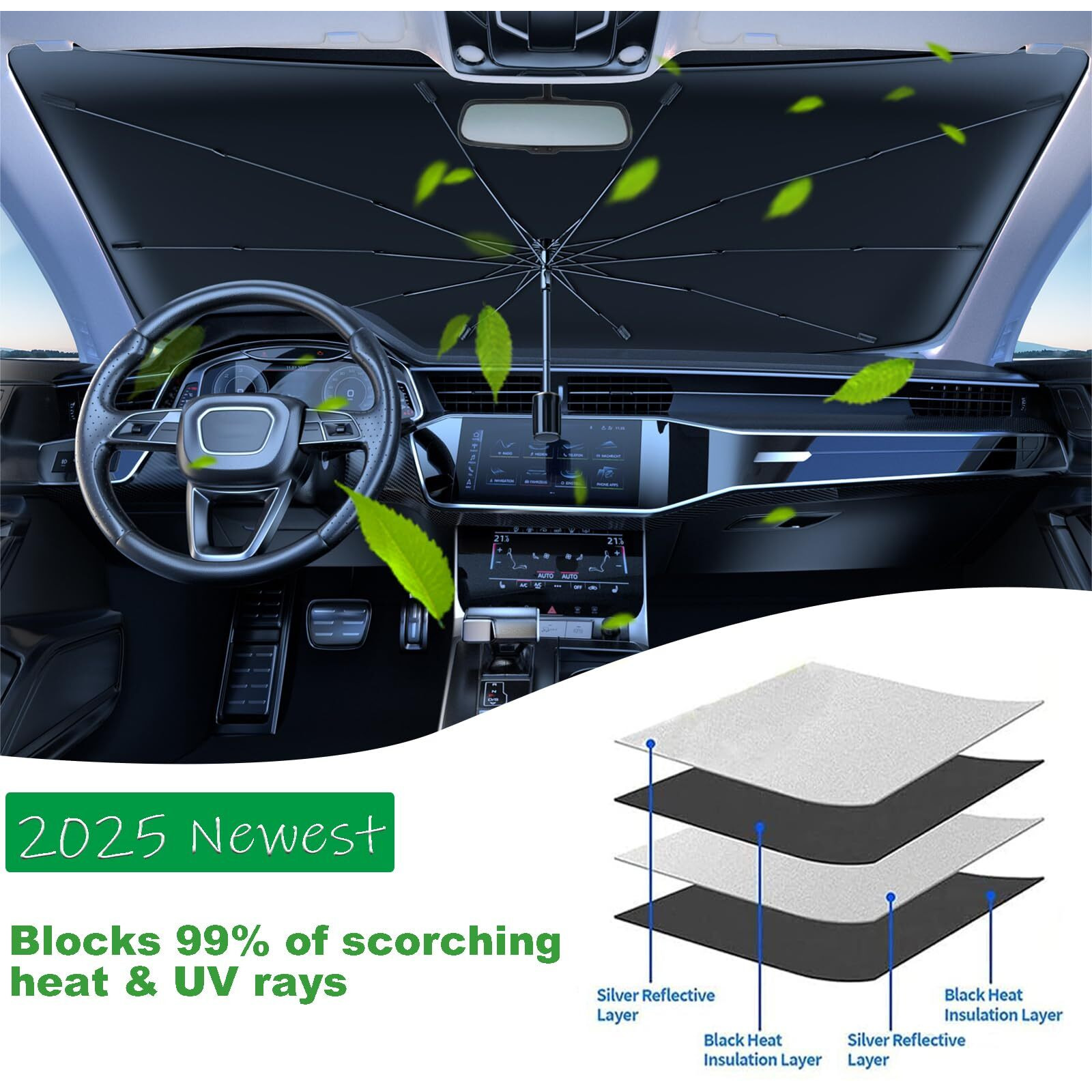 Coricha Windshield Sun Shade 2025 Car Accessories 100% Blackout Car Front Windsow Shades Umbrella Automotive Sun Visor Block Heat Insulation Protection (Gry Eyes)