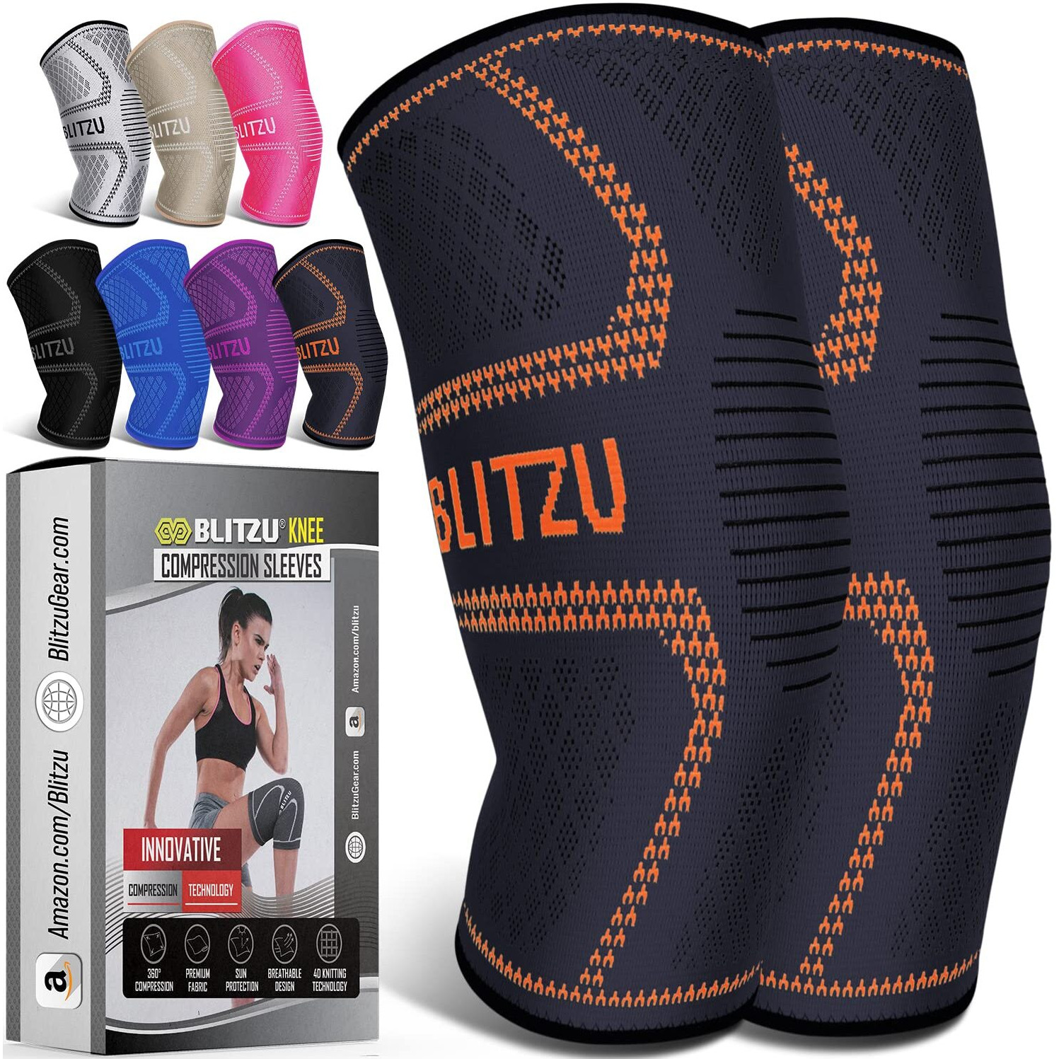 Blitzu Knee Braces For Knee Pain Women & Men - 2 Pack Knee Brace For Knee Pain Set, Knee Brace Compression Sleeve For Knee Pain Meniscus Tear, Acl & Arthritis Pain Relief - Knee Sleeves Orange M