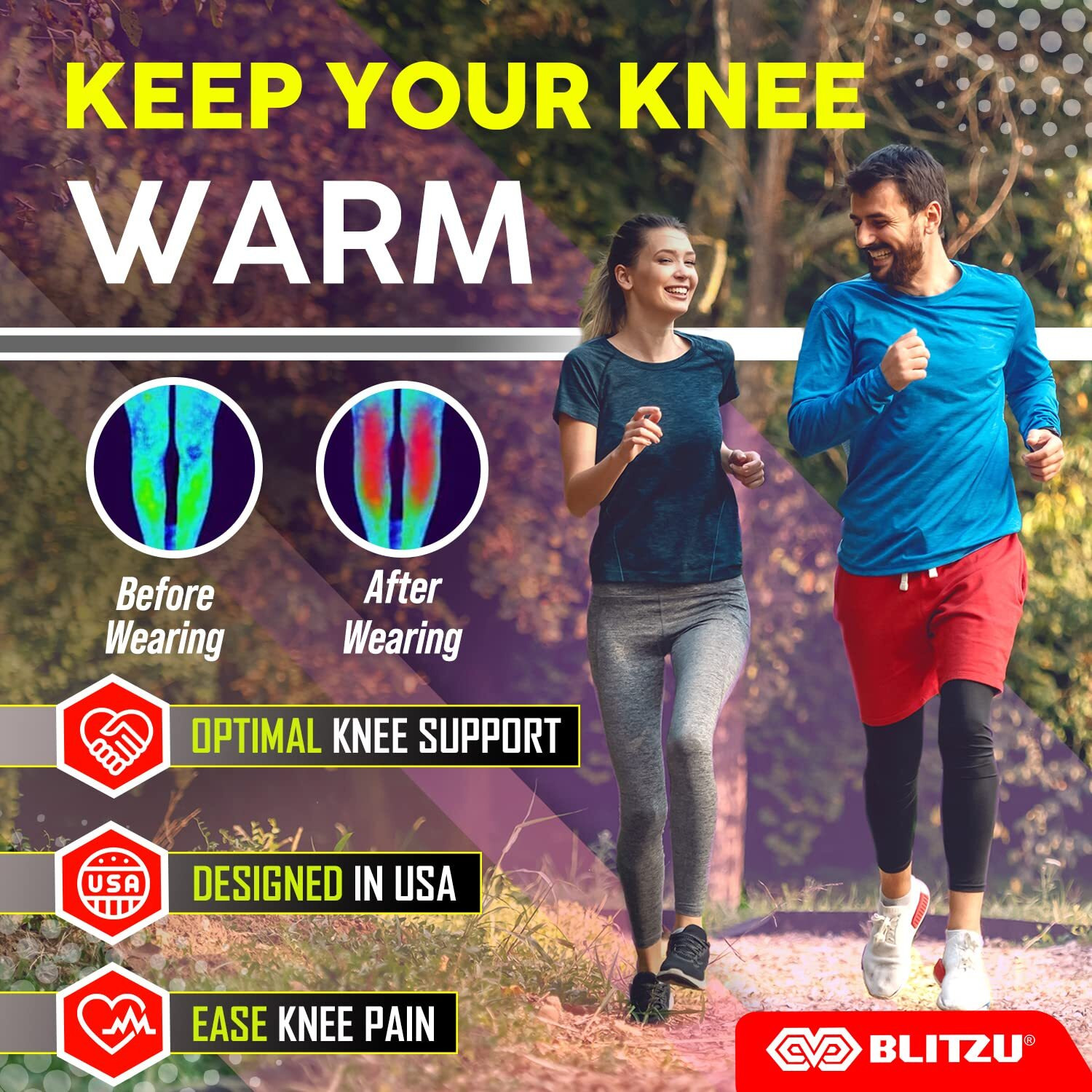 Blitzu Knee Braces For Knee Pain Women & Men - 2 Pack Knee Brace For Knee Pain Set, Knee Brace Compression Sleeve For Knee Pain Meniscus Tear, Acl & Arthritis Pain Relief - Knee Sleeves Orange M