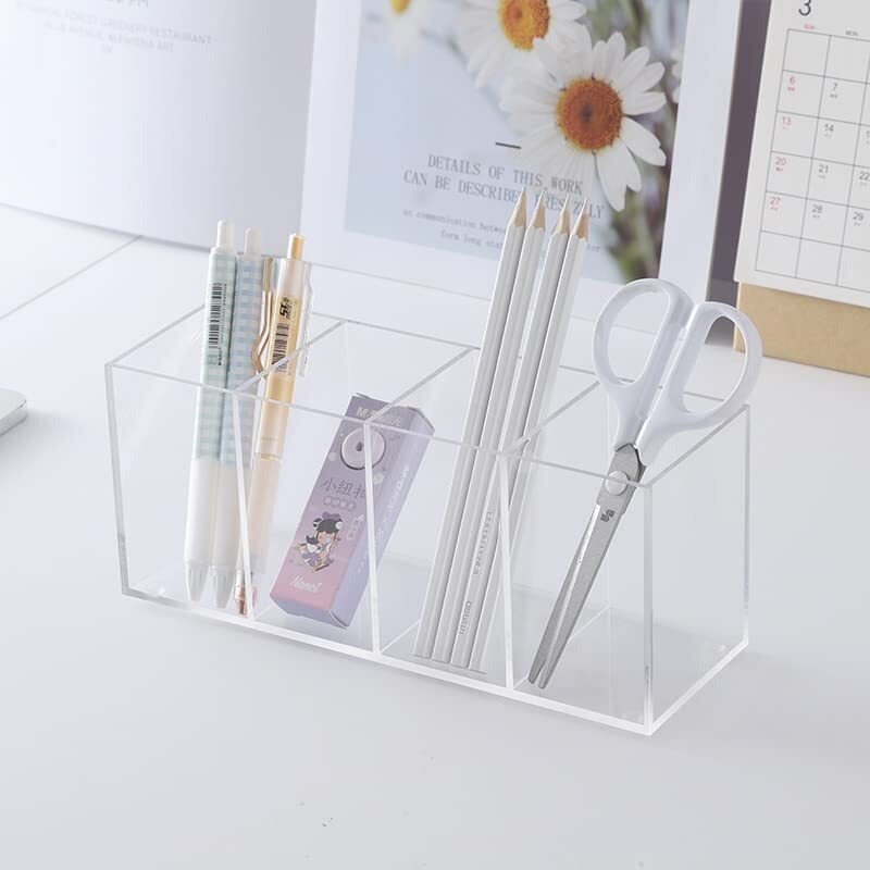Acrylic Pen Holder 4 Compartments Clear Pencil Holder Organizer Makeup Brush Holder