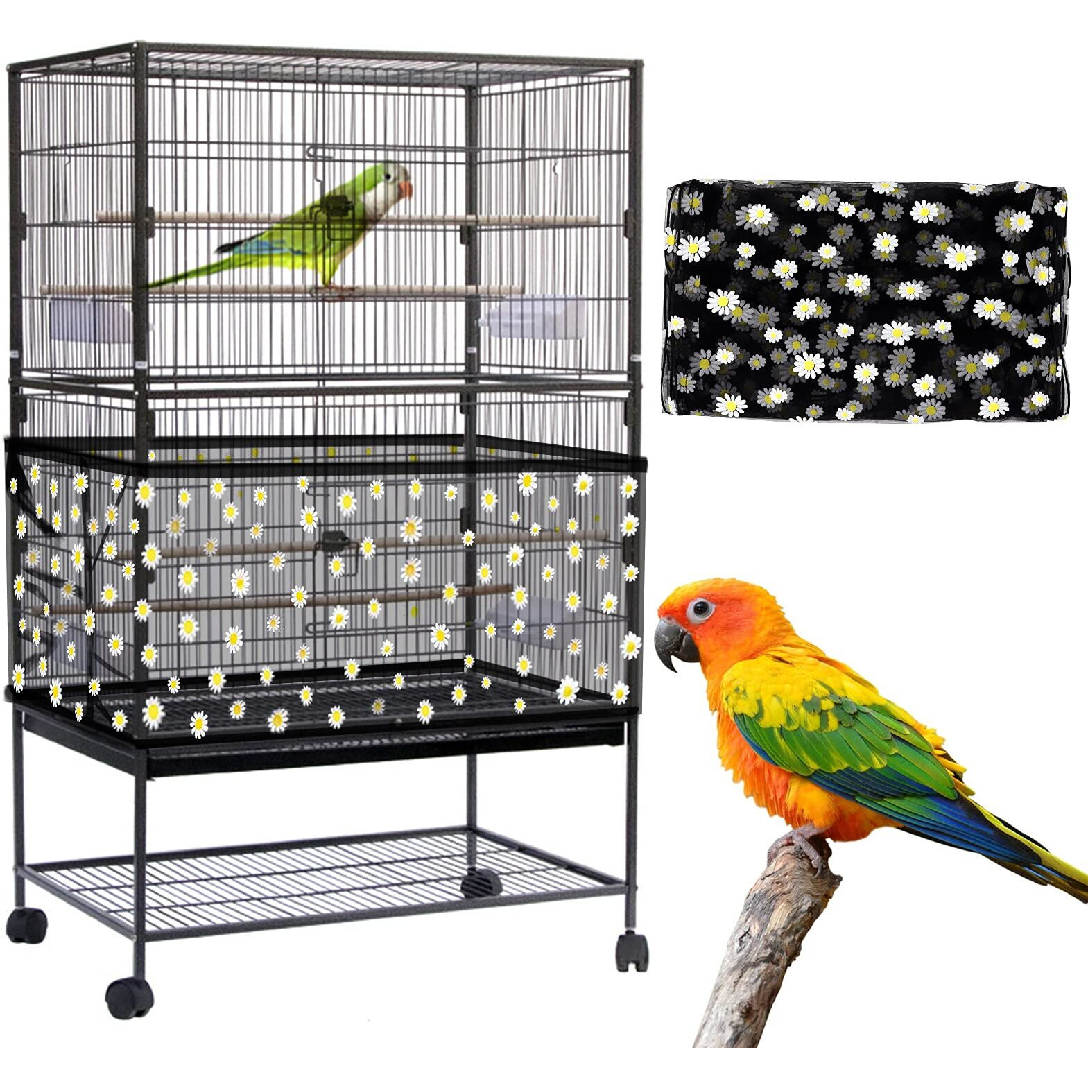 Daoeny Large Bird Cage Cover, Bird Cage Seed Catcher, Adjustable Soft Nylon Mesh Net With Daisy Pattern, Birdcage Cover Skirt Seed Guard For Parrot Parakeet Macaw Round Square Cages (Black)