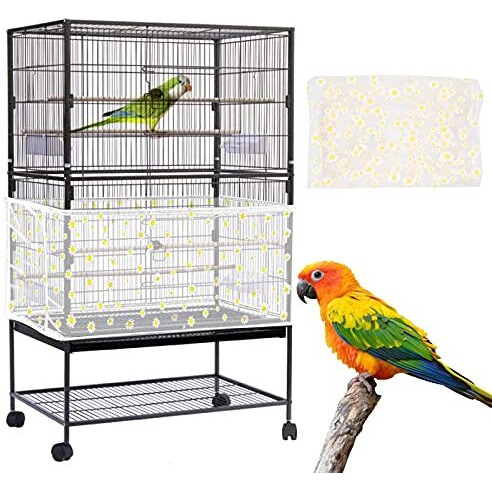 Daoeny Large Bird Cage Cover, Bird Cage Seed Catcher, Adjustable Soft Nylon Mesh Net With Daisy Pattern, Birdcage Cover Skirt Seed Guard For Parrot Parakeet Macaw Round Square Cages (White)