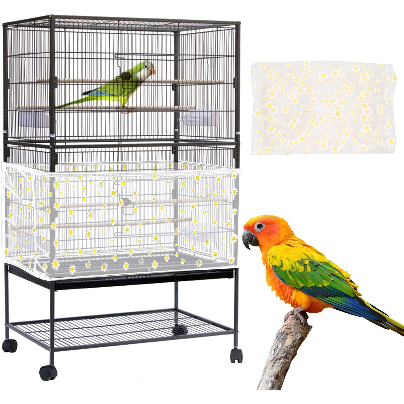 Daoeny Large Bird Cage Cover, Bird Cage Seed Catcher, Adjustable Soft Nylon Mesh Net With Daisy Pattern, Birdcage Cover Skirt Seed Guard For Parrot Parakeet Macaw Round Square Cages (White)