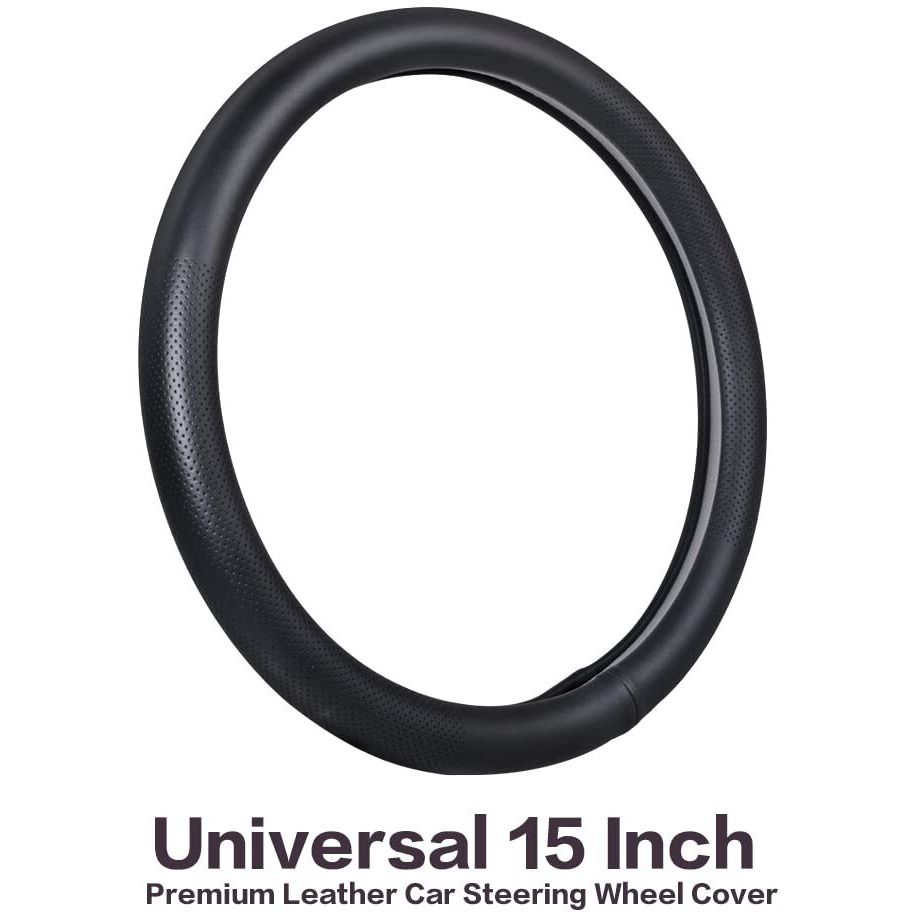 Vargtr Car Steering Wheel Cover,Universal 15 Inch Premium Leather Car Steering Wheel Cover,Best Grip,Perforated Design,Breathable,Non-Slip,Sweat-Absorbent,Warm In Winter And Cool In Summer (Black)