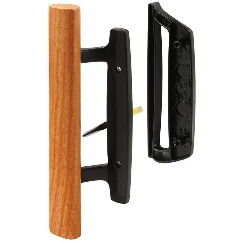 Mortise Style Reversible Sliding Patio Door Handle Set With Oak Wood Interior Handle And Exterior Pull In White Diecast Finish Fits 3-15/16