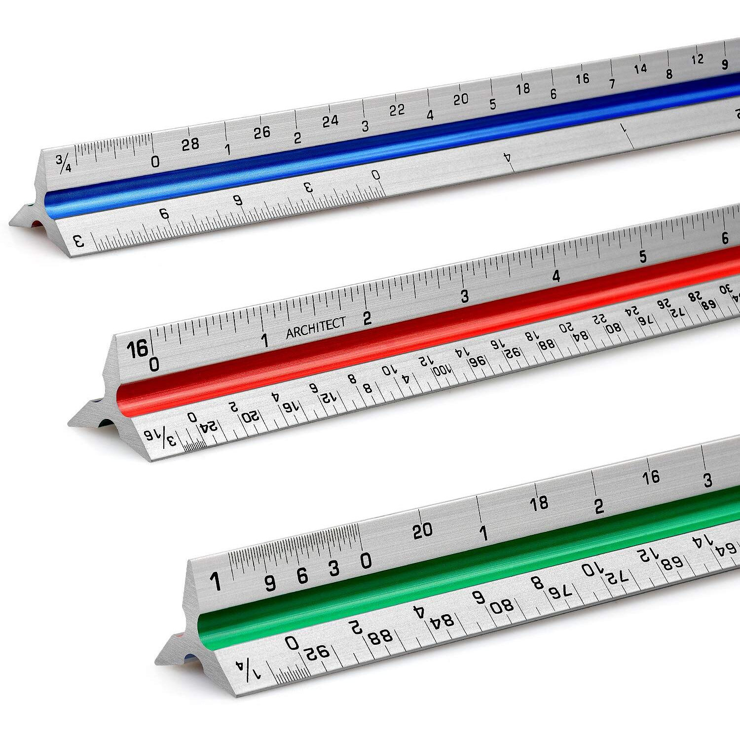 12" Architectural Scale Ruler Aluminum Architect Scale Triangular Scale Ruler For Architects, Draftsman, Students And Engineers, Color-Coded (1 Pack)