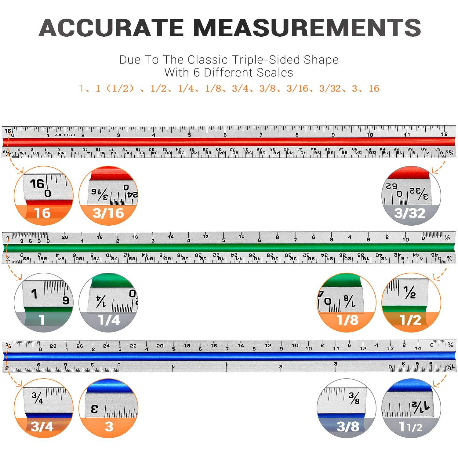 12" Architectural Scale Ruler Aluminum Architect Scale Triangular Scale Ruler For Architects, Draftsman, Students And Engineers, Color-Coded (1 Pack)