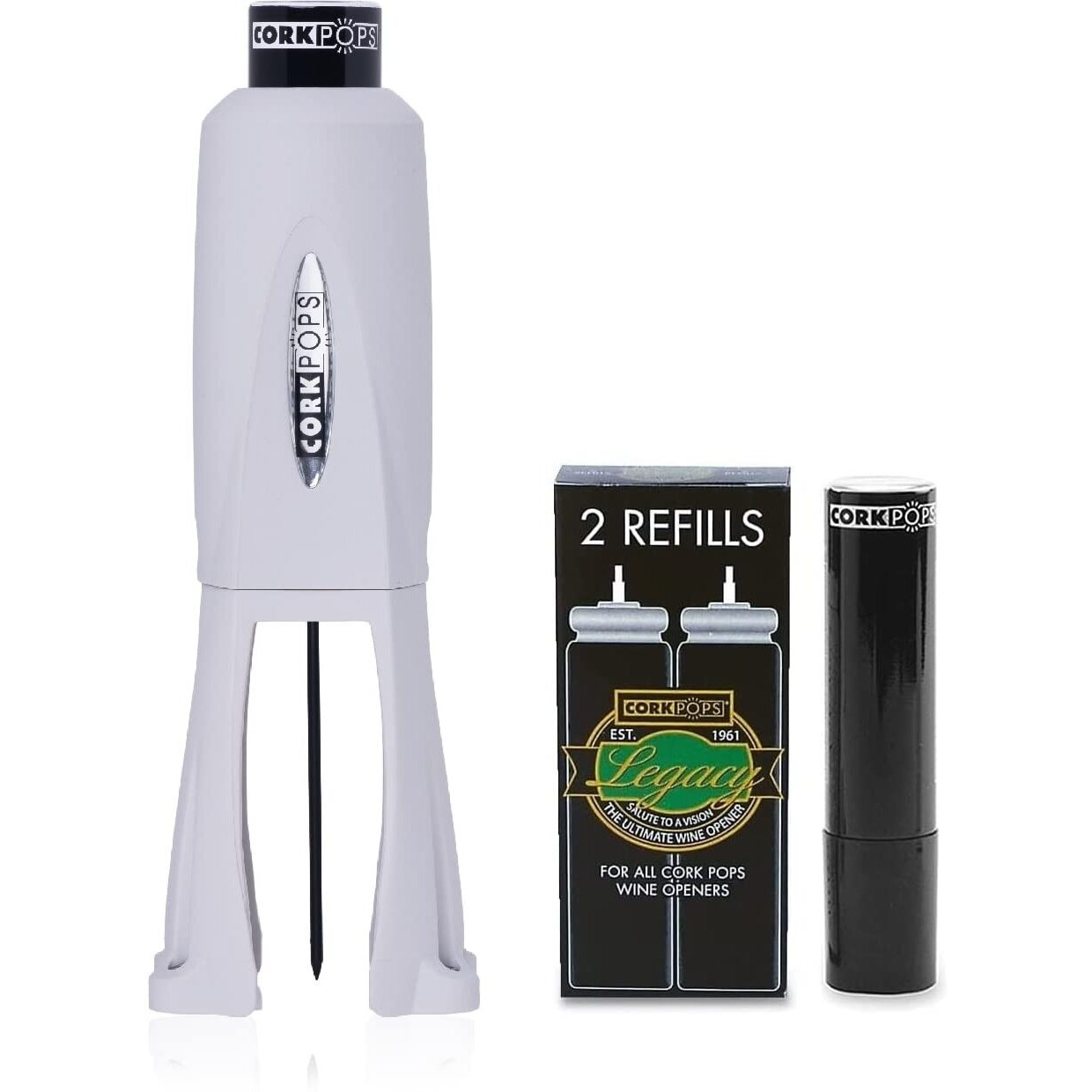 Cork Pops Legacy Wine Bottle Opener With 3 Refill Cartridges, Gray