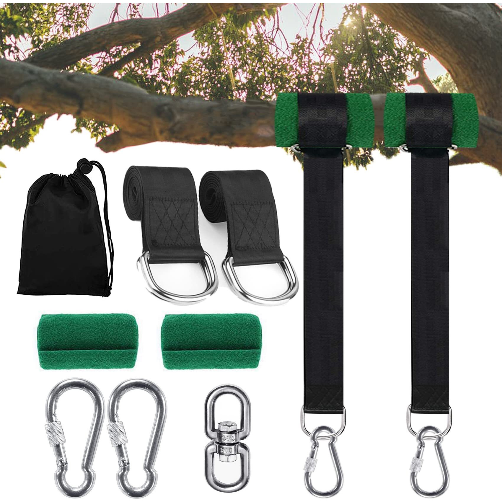Werfeito Extra Long Tree Swing Straps Holds 2500 Lbs (Set Of 2), 3Ft/10Ft/20Ft/30Ft Tree Swing Hanging Kit With Tree Protector, Heavy Duty Carabiner And Swivel Perfect For Swings & Hammocks (3 Ft)