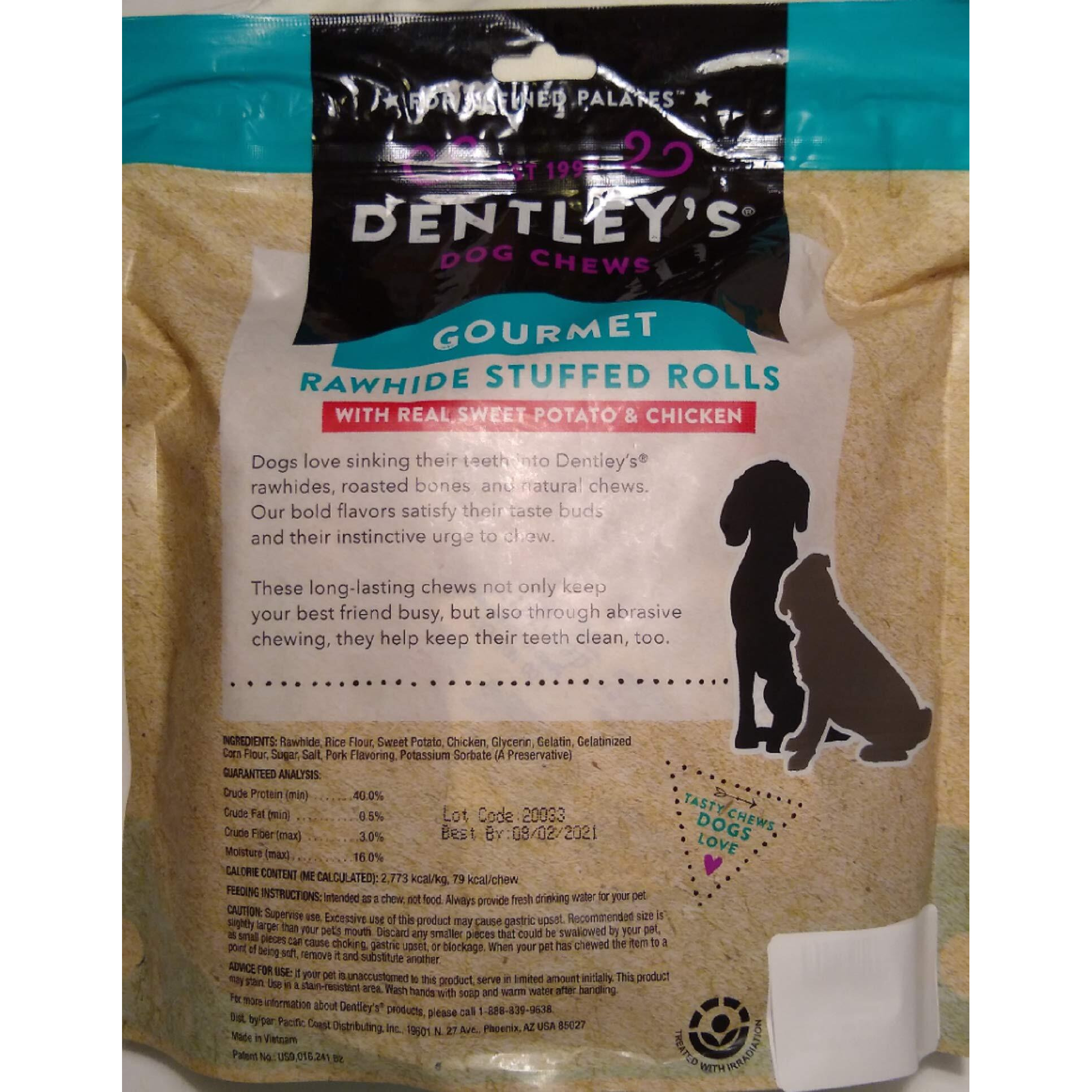 Dentley's Gourmet Rawhide Stuffed Rolls Dog Treats - Sweet Potato & Chicken 25 Rolls Per Pack
