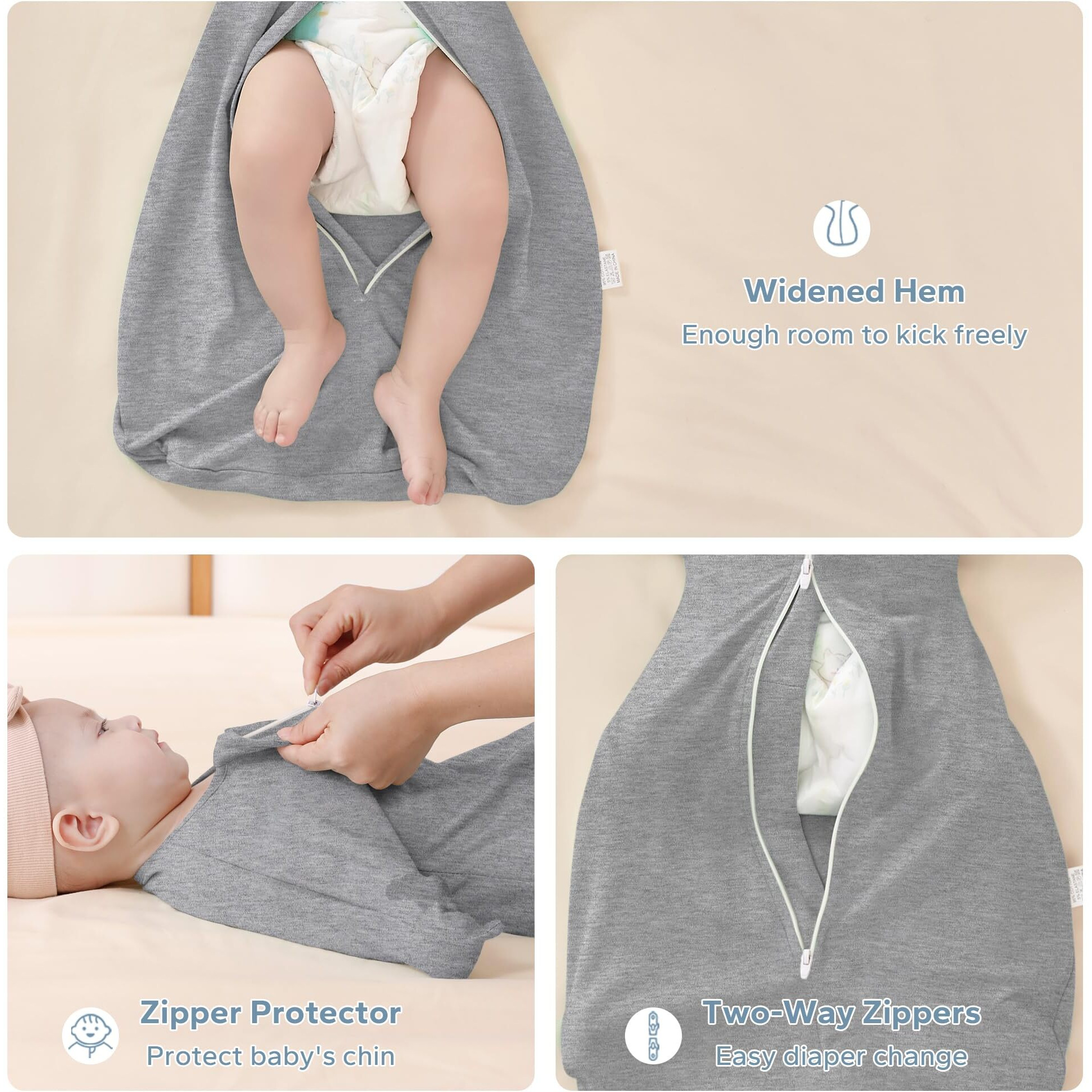 Zigjoy Shark-Fin Transition Swaddle - 1.0 Tog Baby Sleep Sack 3-6 Months Soft Cotton Transitional Baby Wearable Blanket With 2-Way Zipper For All Seasons, Grey, Medium
