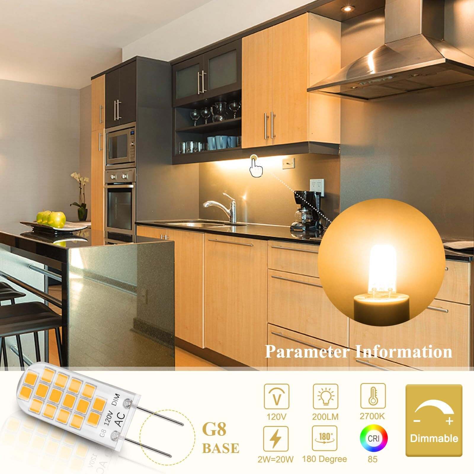 Dicuno G8 Led Bulb Dimmable, 2W (20W Equivalent), Warm White 2700K, 120V, T4 Jcd Type Bi-Pin Base Light Bulbs For Under Cabinet, Counter Lighting, 10-Pack