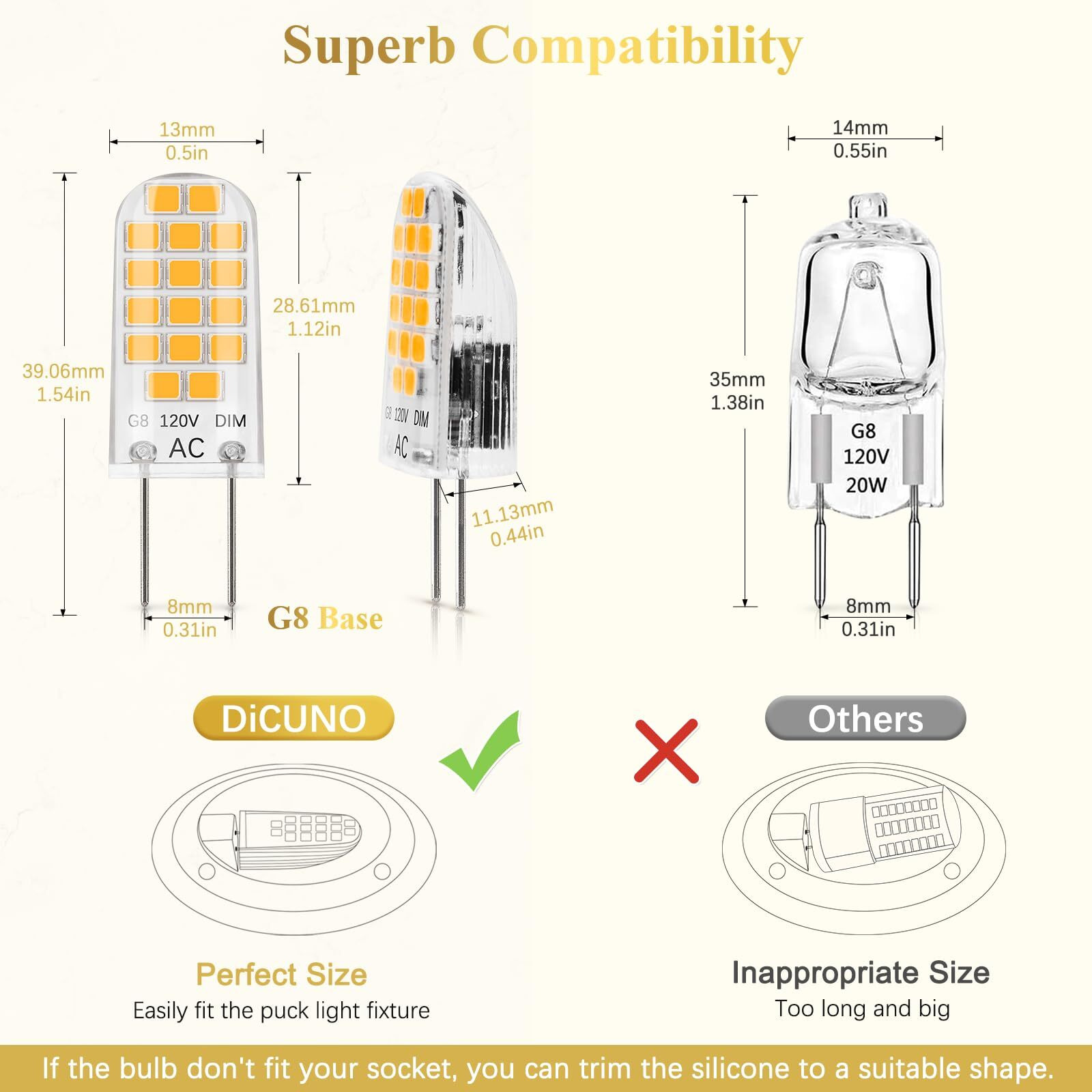 Dicuno G8 Led Bulb Dimmable, 2W (20W Equivalent), Warm White 2700K, 120V, T4 Jcd Type Bi-Pin Base Light Bulbs For Under Cabinet, Counter Lighting, 10-Pack
