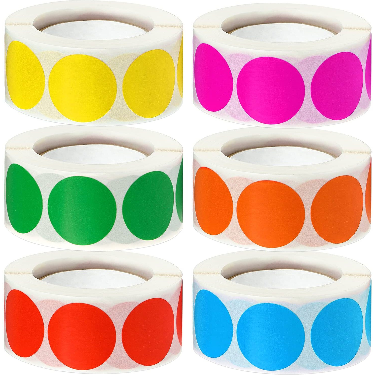 3000 Pcs 1" Round Color Coding Circle Dot Labels On 6 Rolls, 500 Count Each, Includes Bright Yellow Green Red Pink Orange Blue