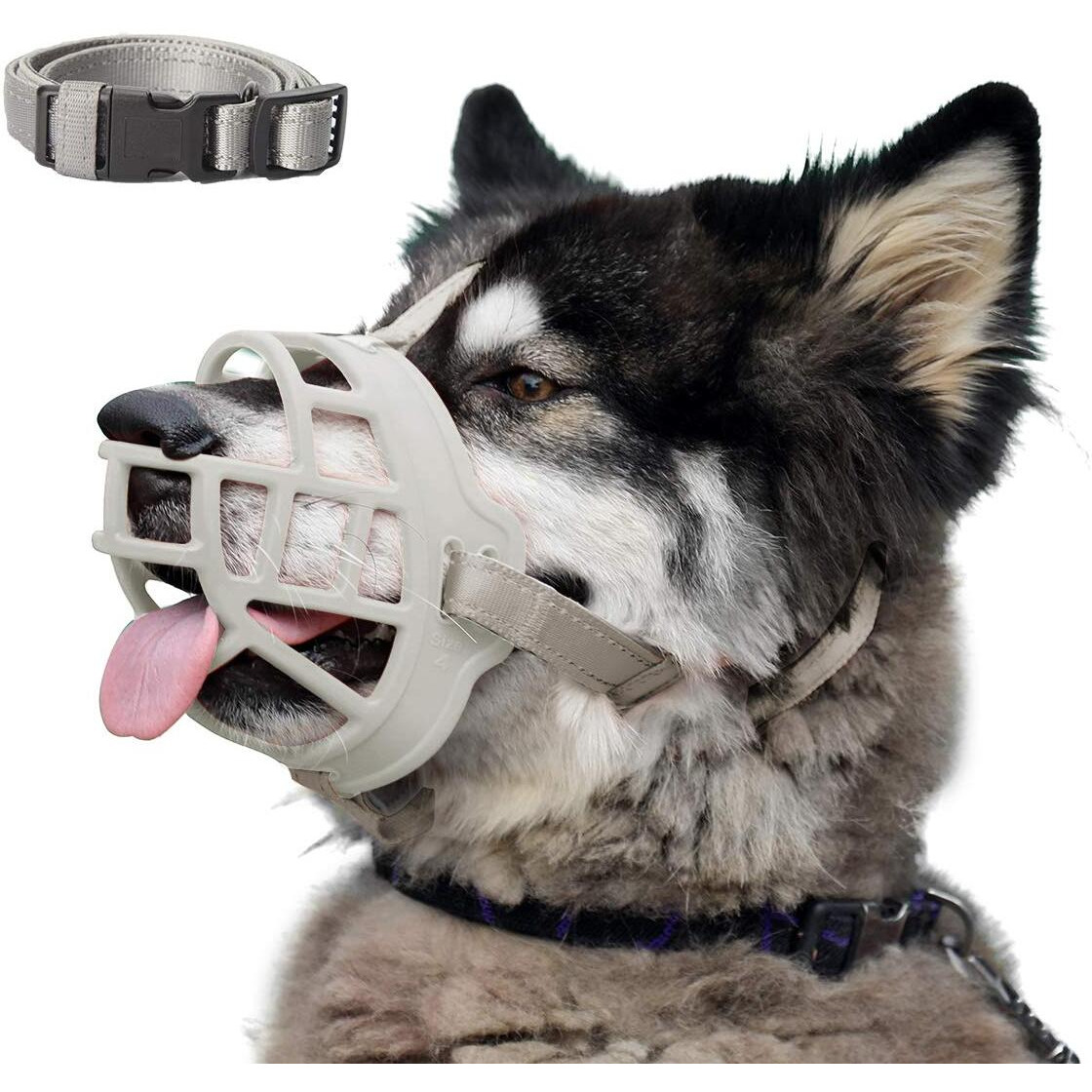Dog Muzzle, Soft Silicone Basket Muzzle For Dogs, Allows Panting And Drinking, Prevents Unwanted Barking Biting And Chewing, Included Collar And Training Guide