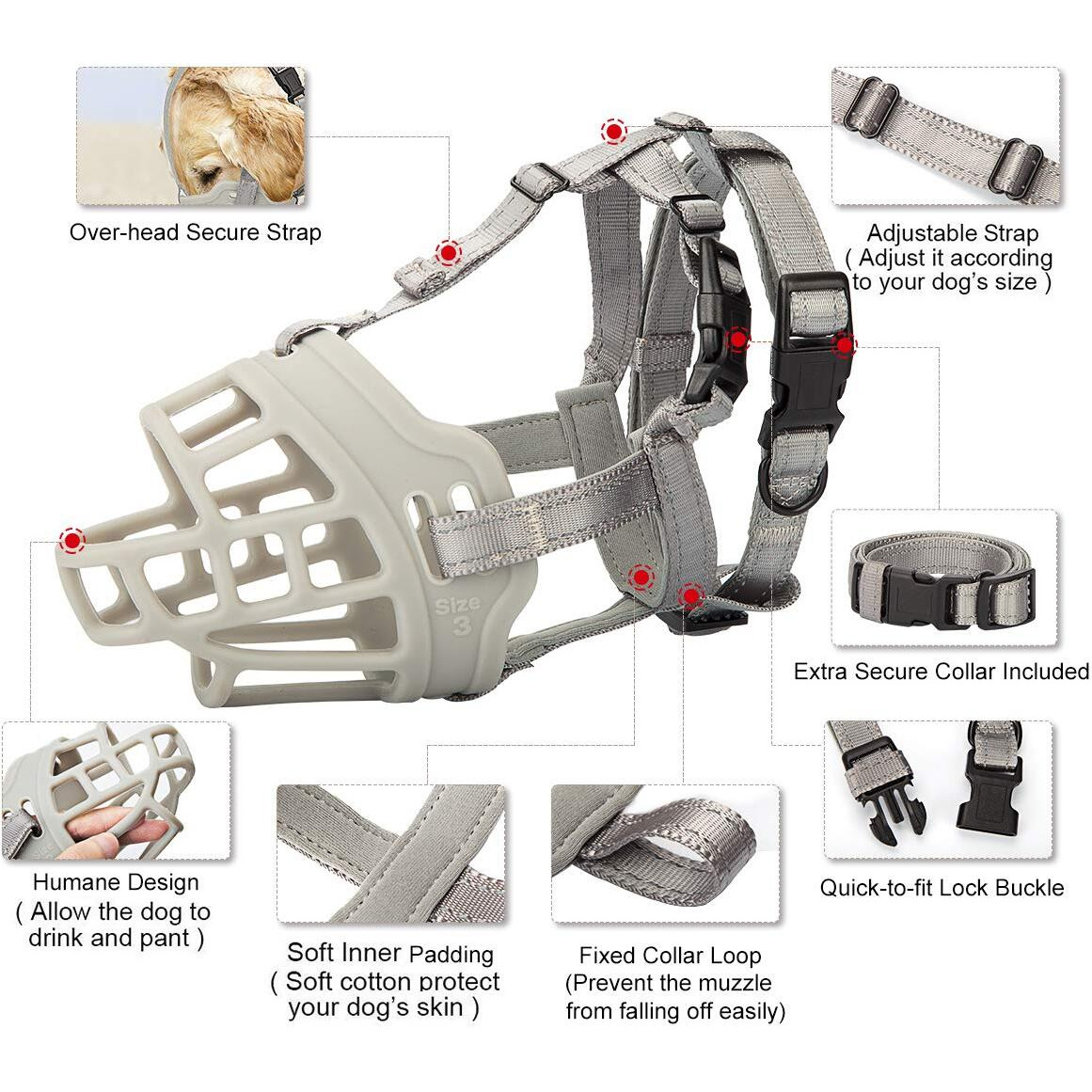 Dog Muzzle, Soft Silicone Basket Muzzle For Dogs, Allows Panting And Drinking, Prevents Unwanted Barking Biting And Chewing, Included Collar And Training Guide