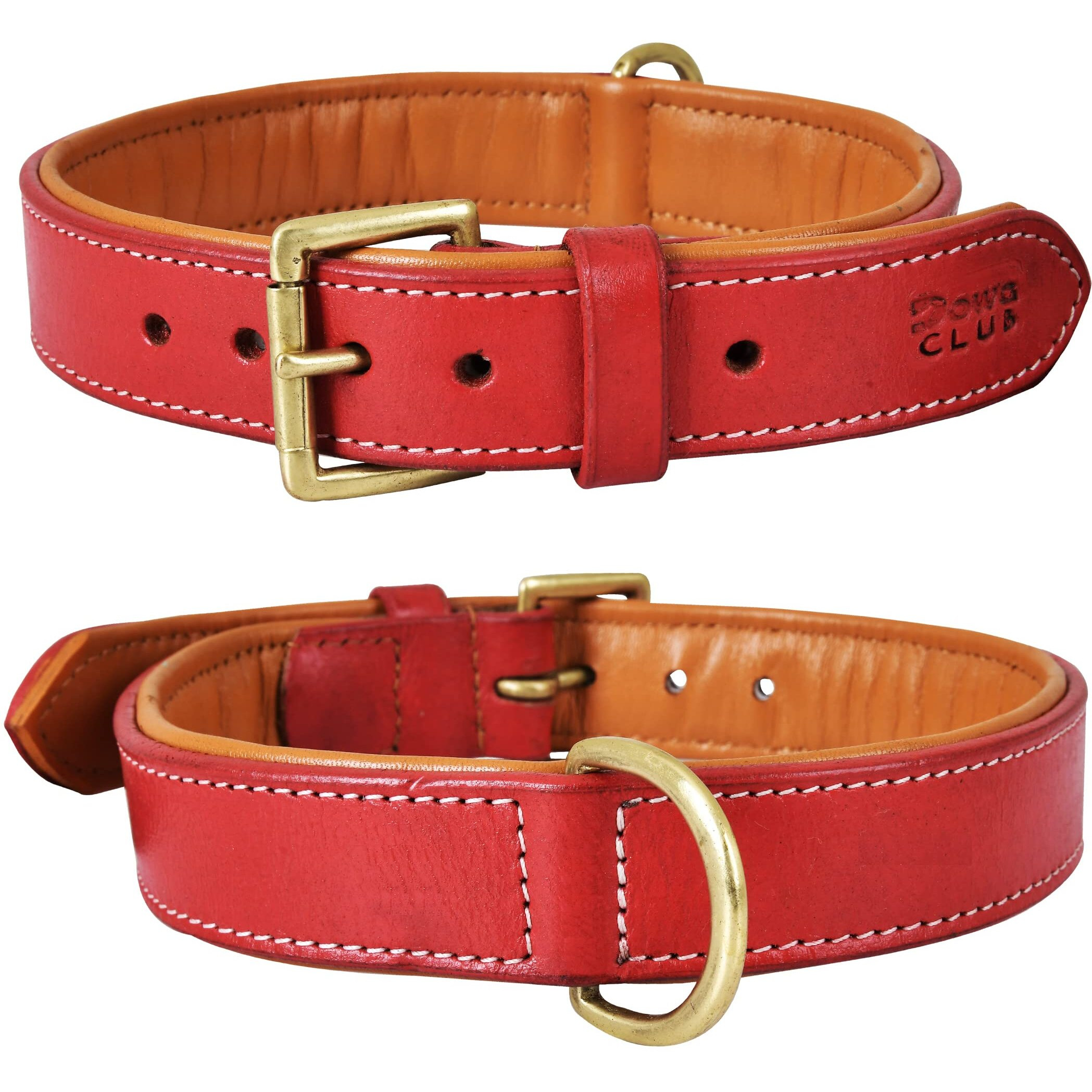 Dowgclub | Genuine Leather Dog Collar | Full Grain, Heavy Duty | Padded, Comfortable, Strong | Best For Pups, Small, Medium, Large, X- Large Dog Breeds, X-Large (Fit Neck Size 22"-26"), Red