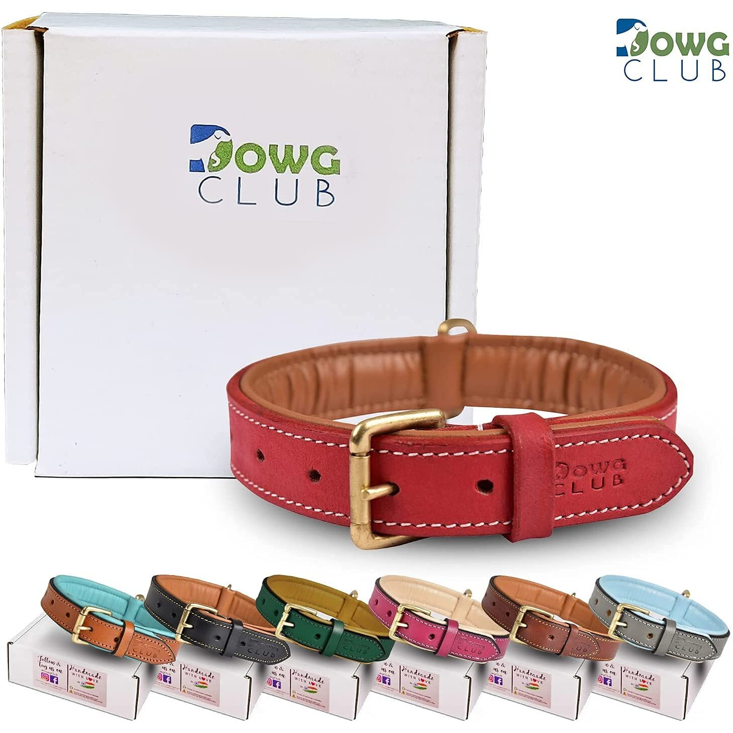 Dowgclub | Genuine Leather Dog Collar | Full Grain, Heavy Duty | Padded, Comfortable, Strong | Best For Pups, Small, Medium, Large, X- Large Dog Breeds, X-Large (Fit Neck Size 22"-26"), Red